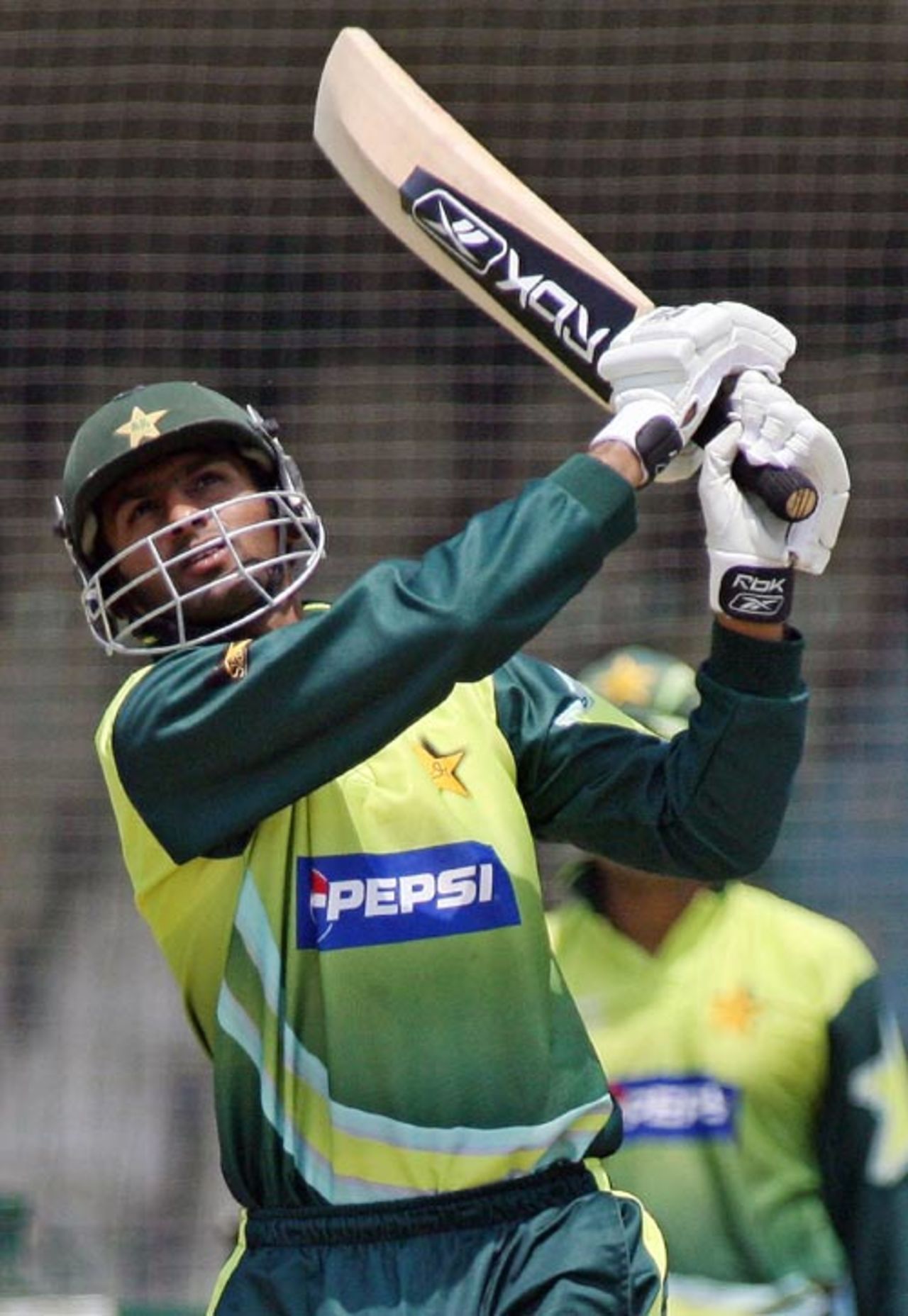 Shoaib Malik has a hit in the nets at Lahore's Gaddafi Stadium, May 13, 2007