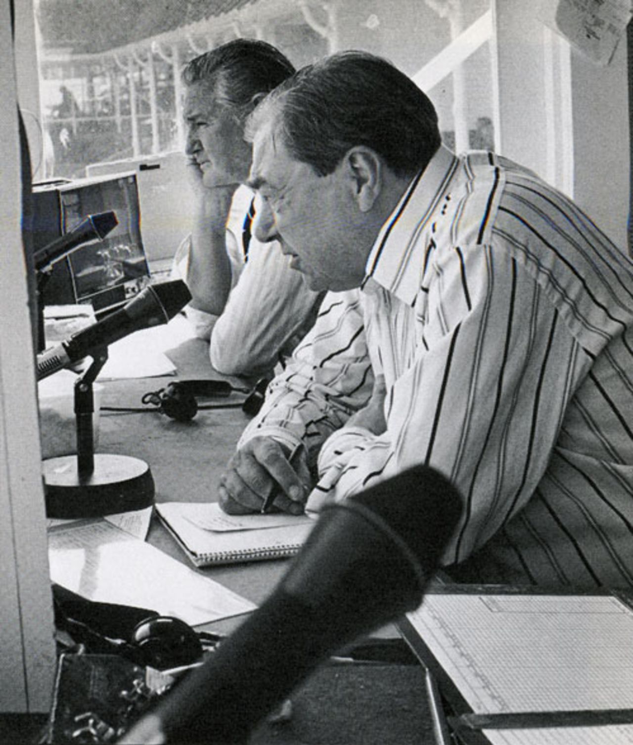 John Arlott -alongside Keith Miller-  during his final commentary stint on the last afternoon of the Centenary Match at Lord's, September 2, 1980