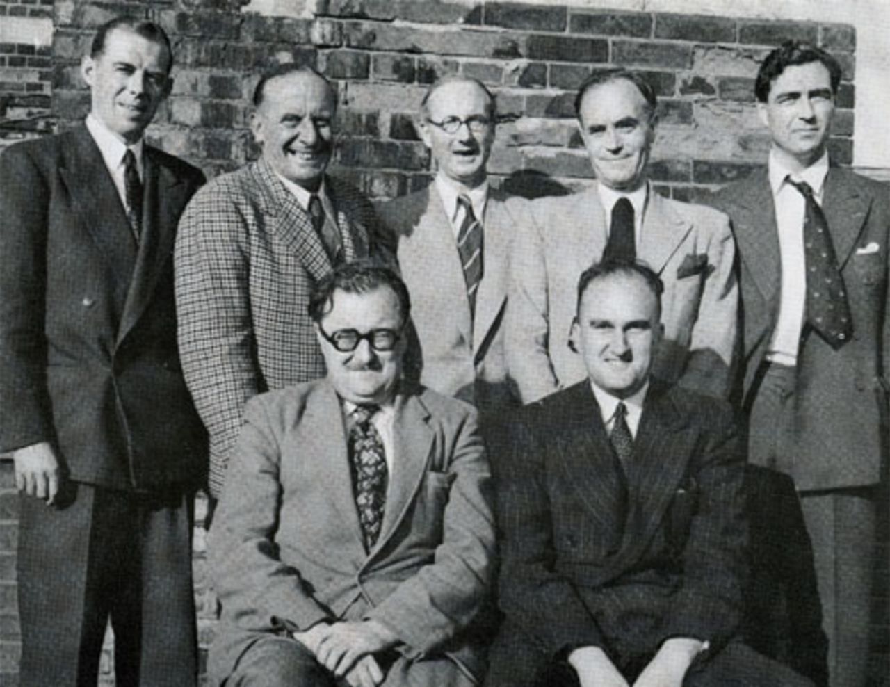 The BBC commentary team in 1951: Back - Steve de Villiers, Arthur Gilligan, Rex Alston, Charles Fortune, John Arlott.  Front: Roy Webber, Arthur Wrigley, The Oval, August 1951