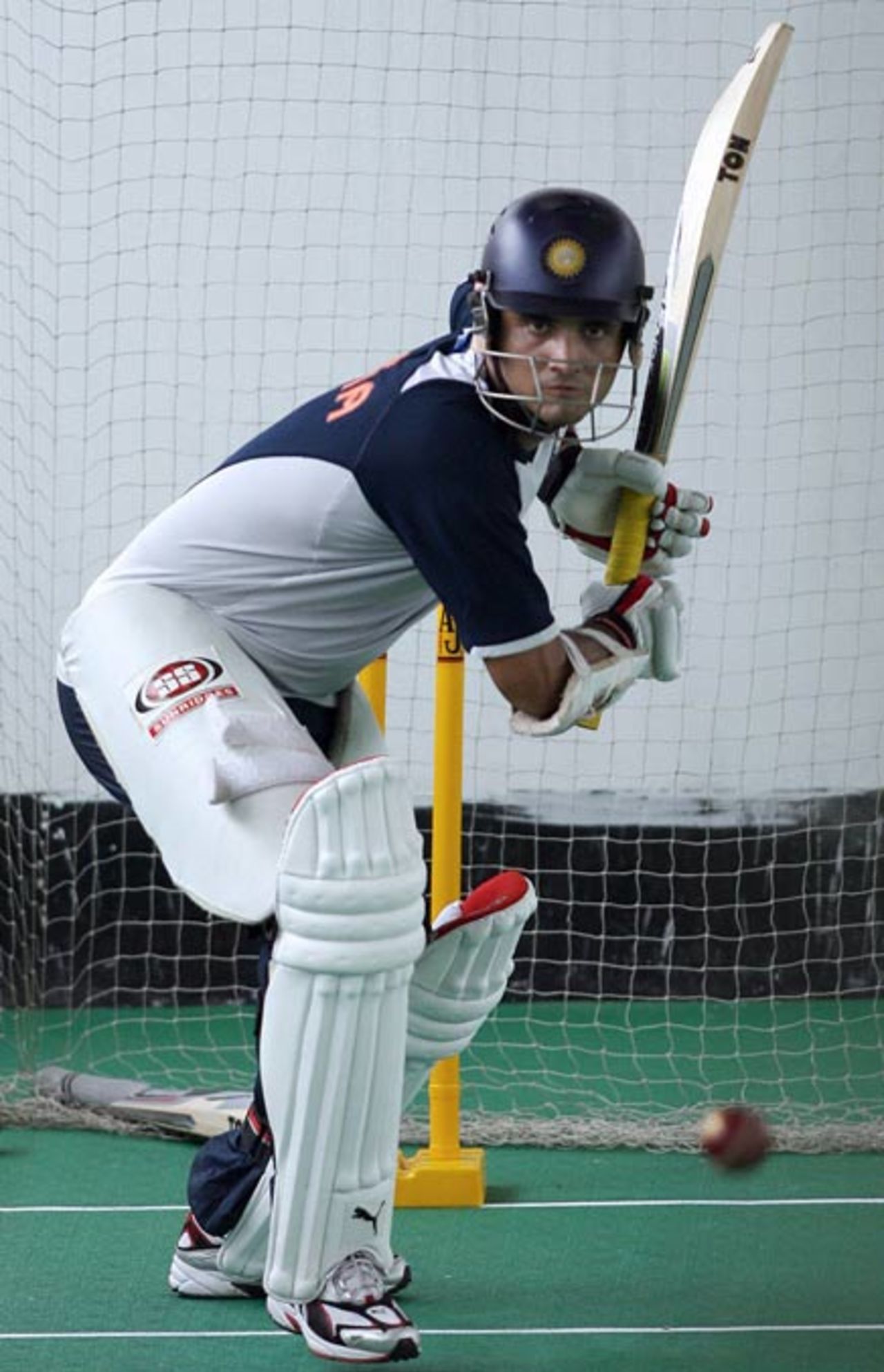 Sourav Ganguly, returning to the team for the Test matches, keeps his eyes on the ball at nets in Chittagong, May 15, 2007