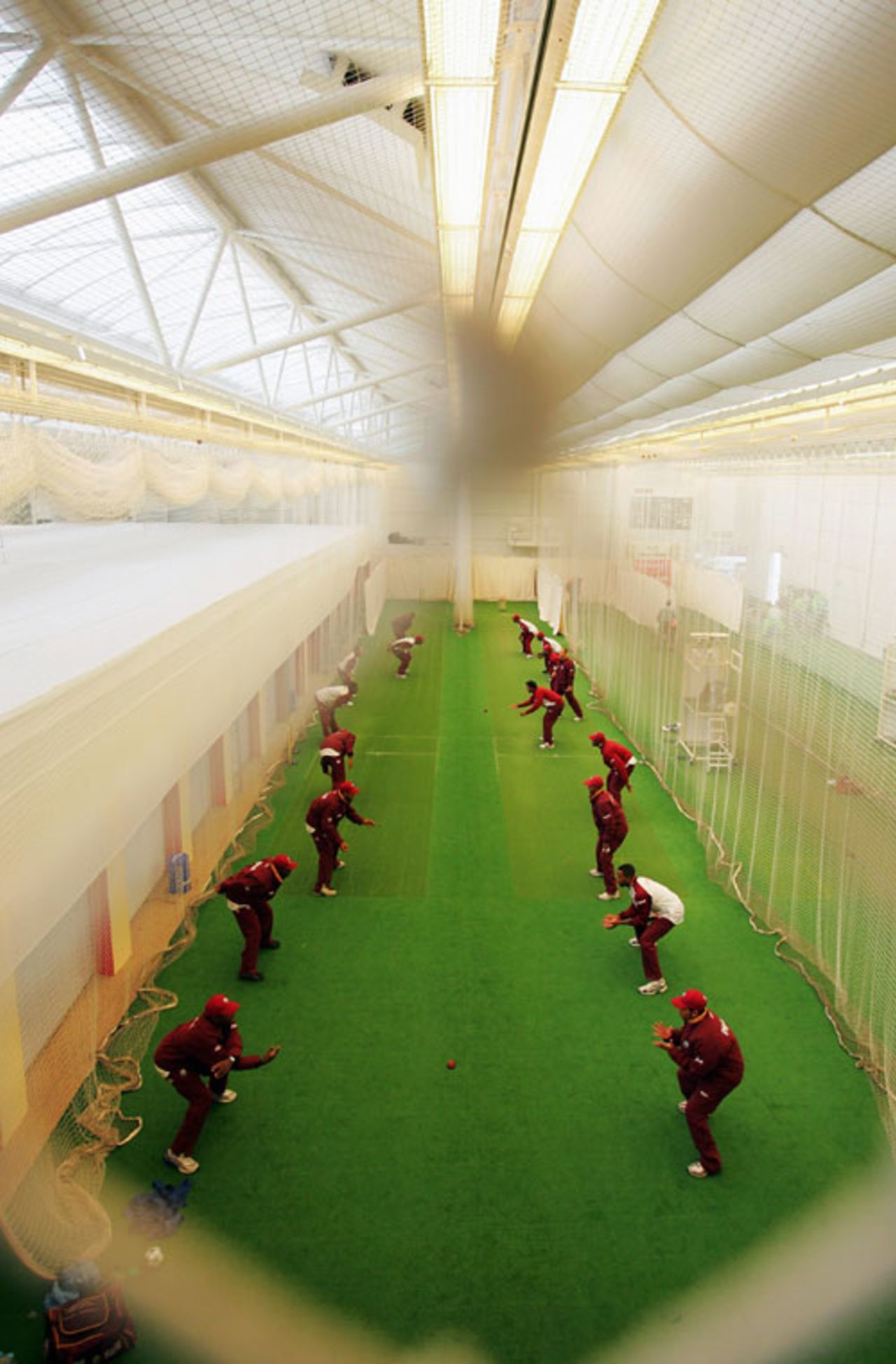 West Indies players loosen up in the indoor nets at Lord's, May 15, 2007