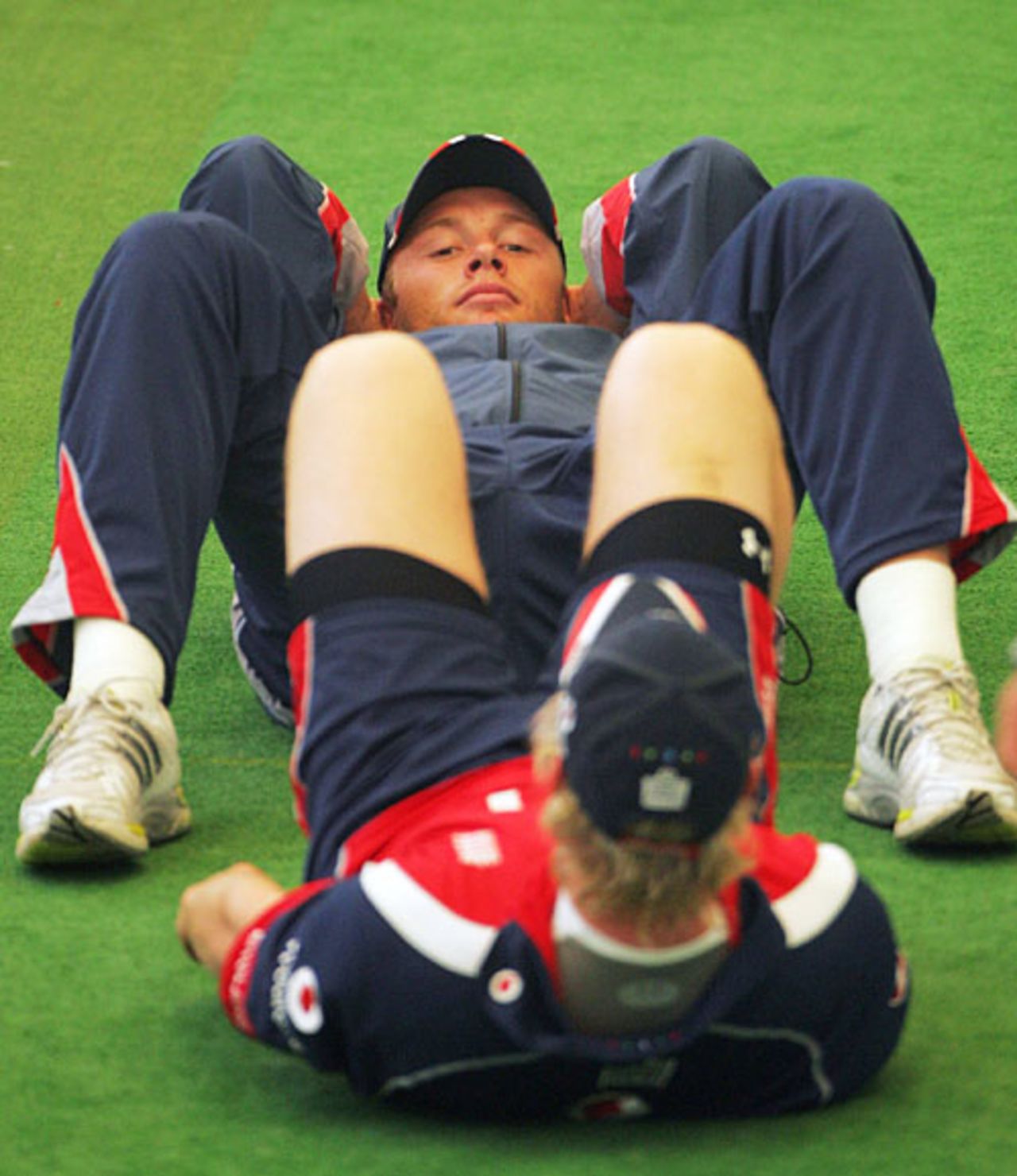 Andrew Flintoff stretches during England's practice session, Lord's, May 15, 2007