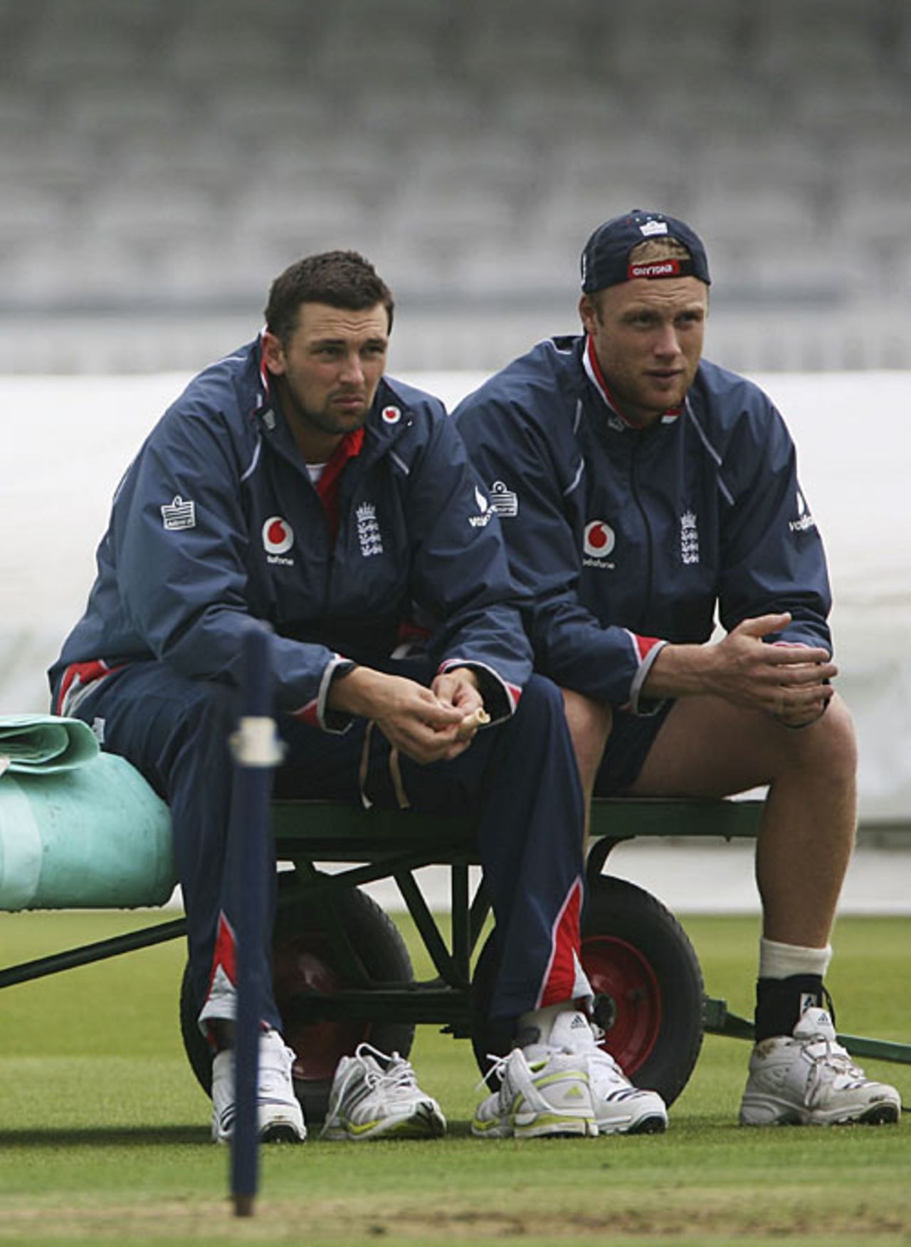 Steve Harmison and Andrew Flintoff take a break after a practice session, Lord's, May 16, 2007