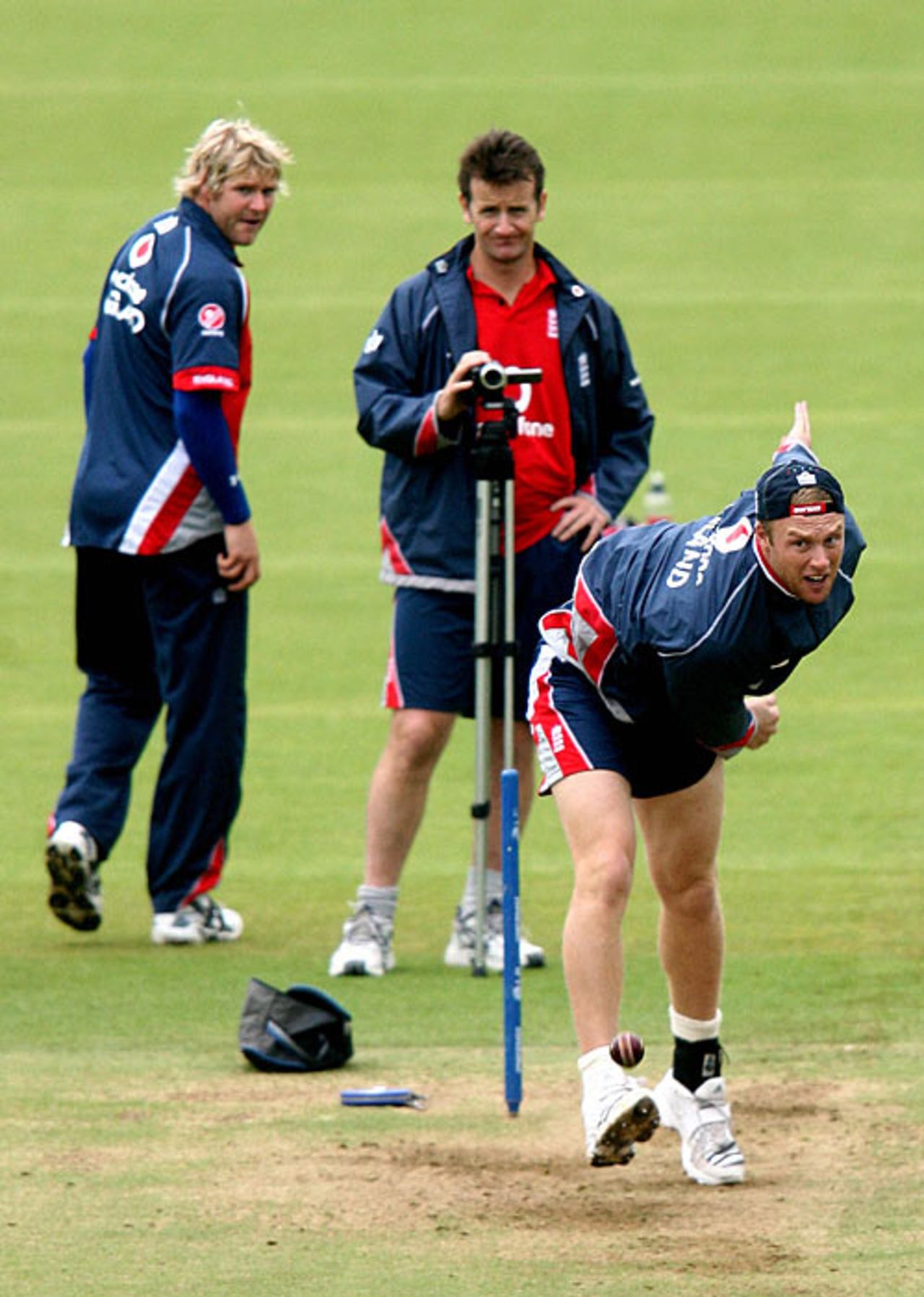 Andrew Flintoff tests out his ankle in a practice session at Lord's, watched by Kevin Shine and Matthew Hoggard, Lord's, May 16, 2007