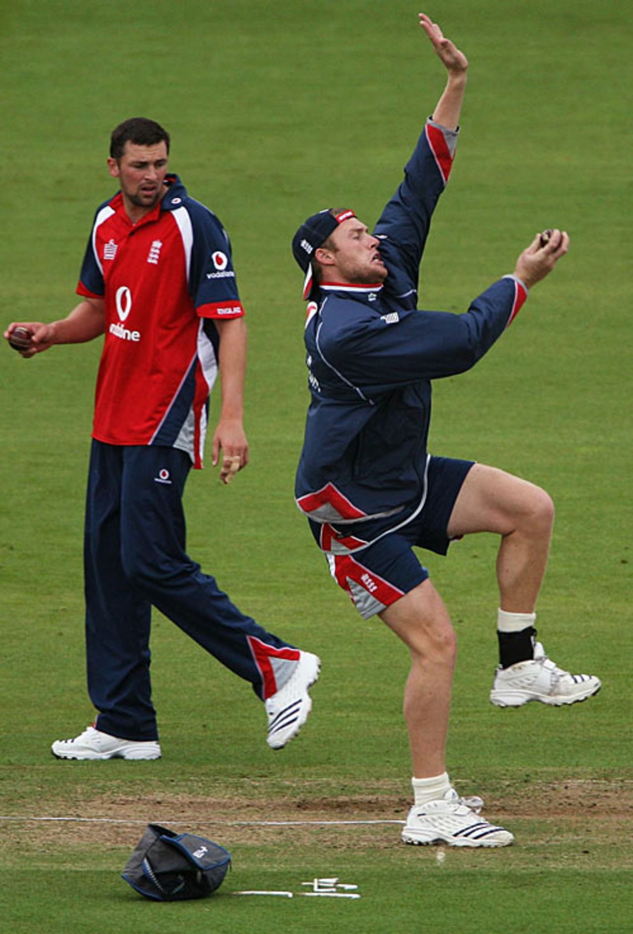 Andrew Flintoff tests out his ankle in a practice session, watched by Steve Harmison, Lord's, May 16, 2007