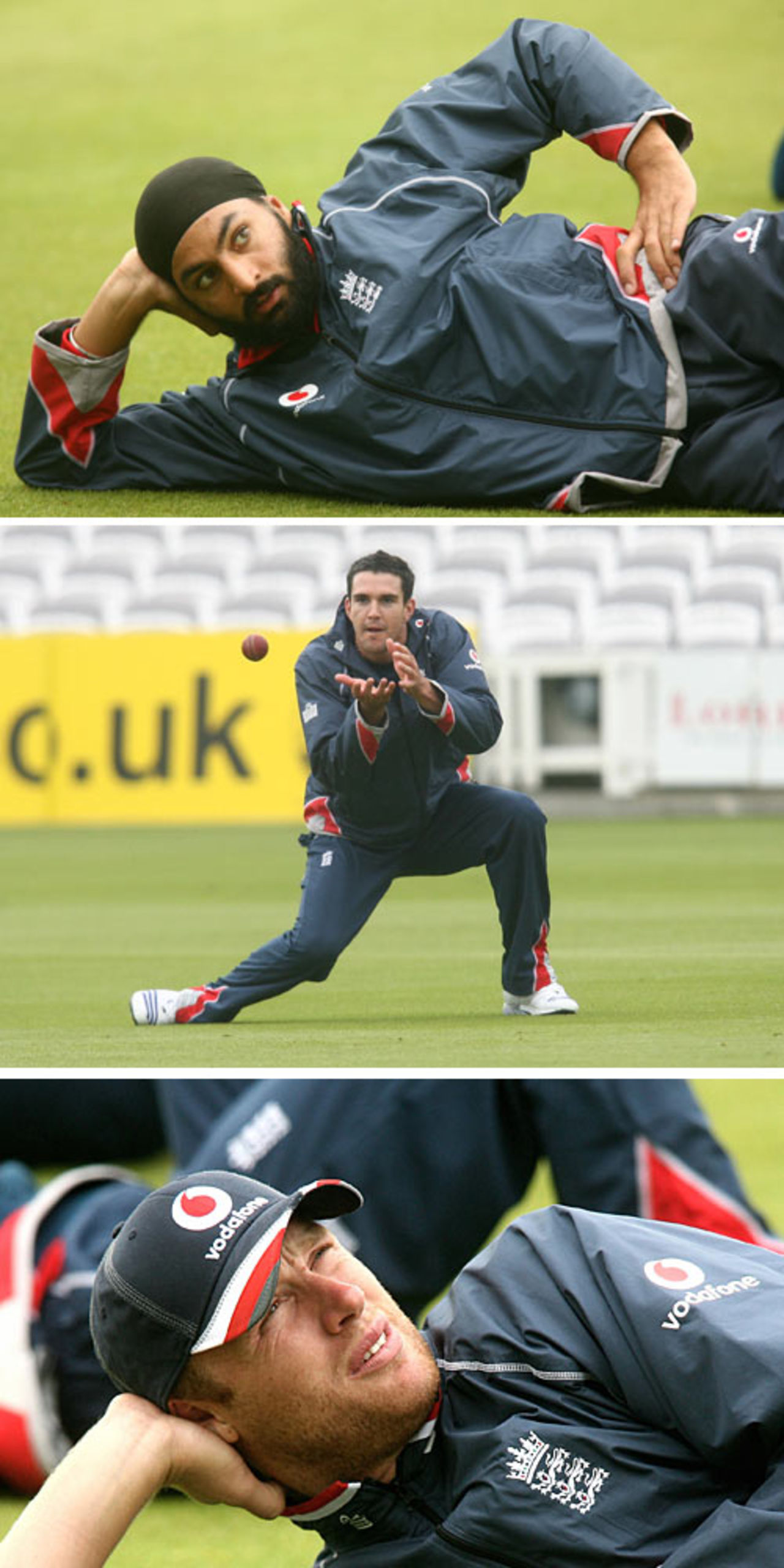 Monty Panesar stretches, Kevin Pietersen catches and Andrew Flintoff ponders, Lord's, May 16, 2007