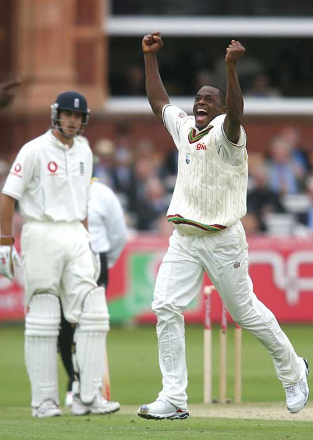 Daren Powell celebrates removing Andrew Strauss, England v West Indies, 1st Test, Lord's, May 17, 2007