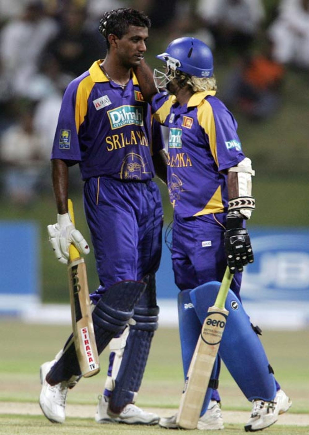 Lasith Malinga congratulates Farveez Maharoof on a well-made half-century, Pakistan v Sri Lanka, 1st ODI, Abu Dhabi, May 18, 2007