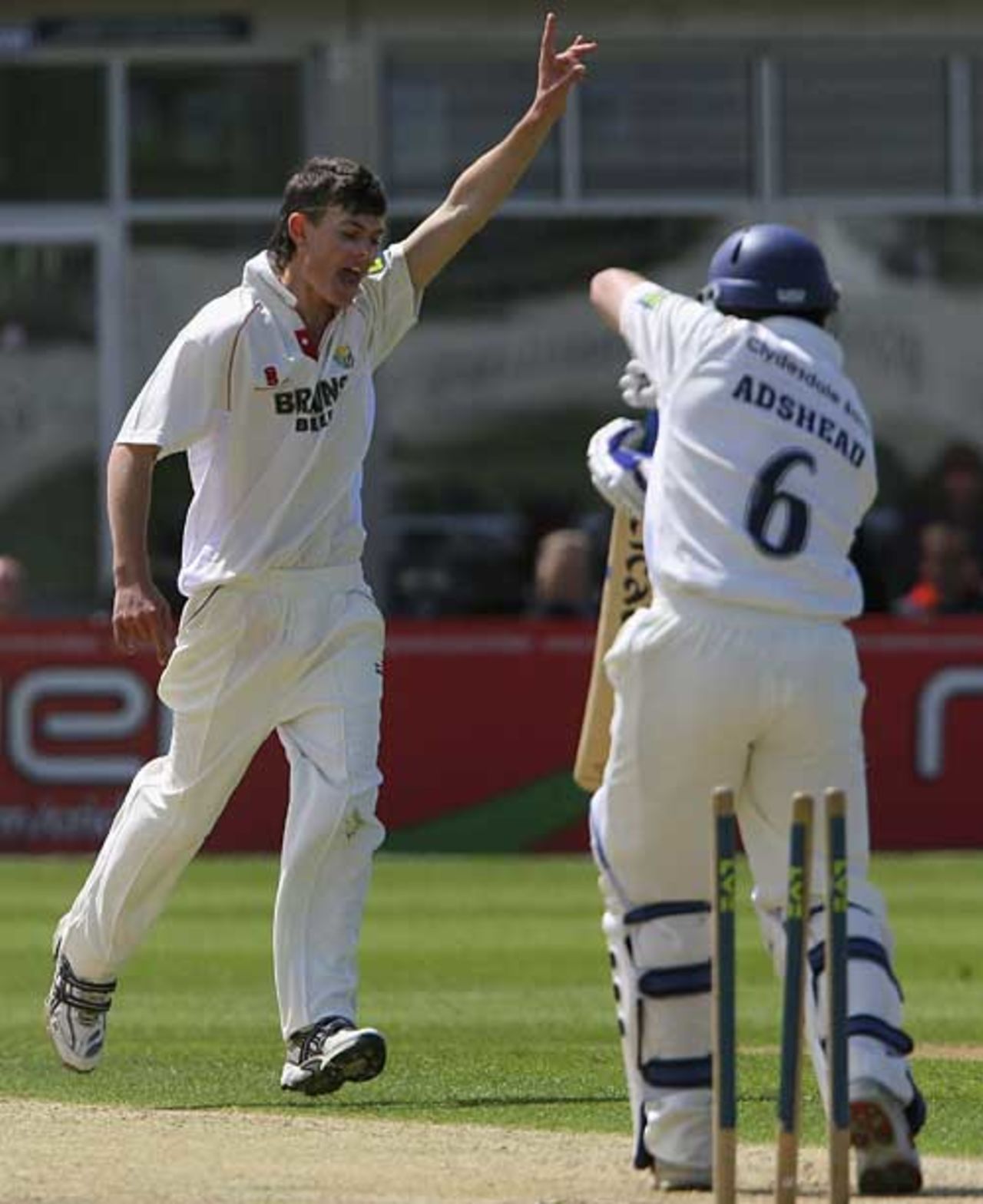 James Harris bowls Stephen Adshead to become the youngest bowler to take 10 wickets in a Championship match, Glamorgan v Gloucestershire, County Championship, Division Two, Bristol, May 19, 2007