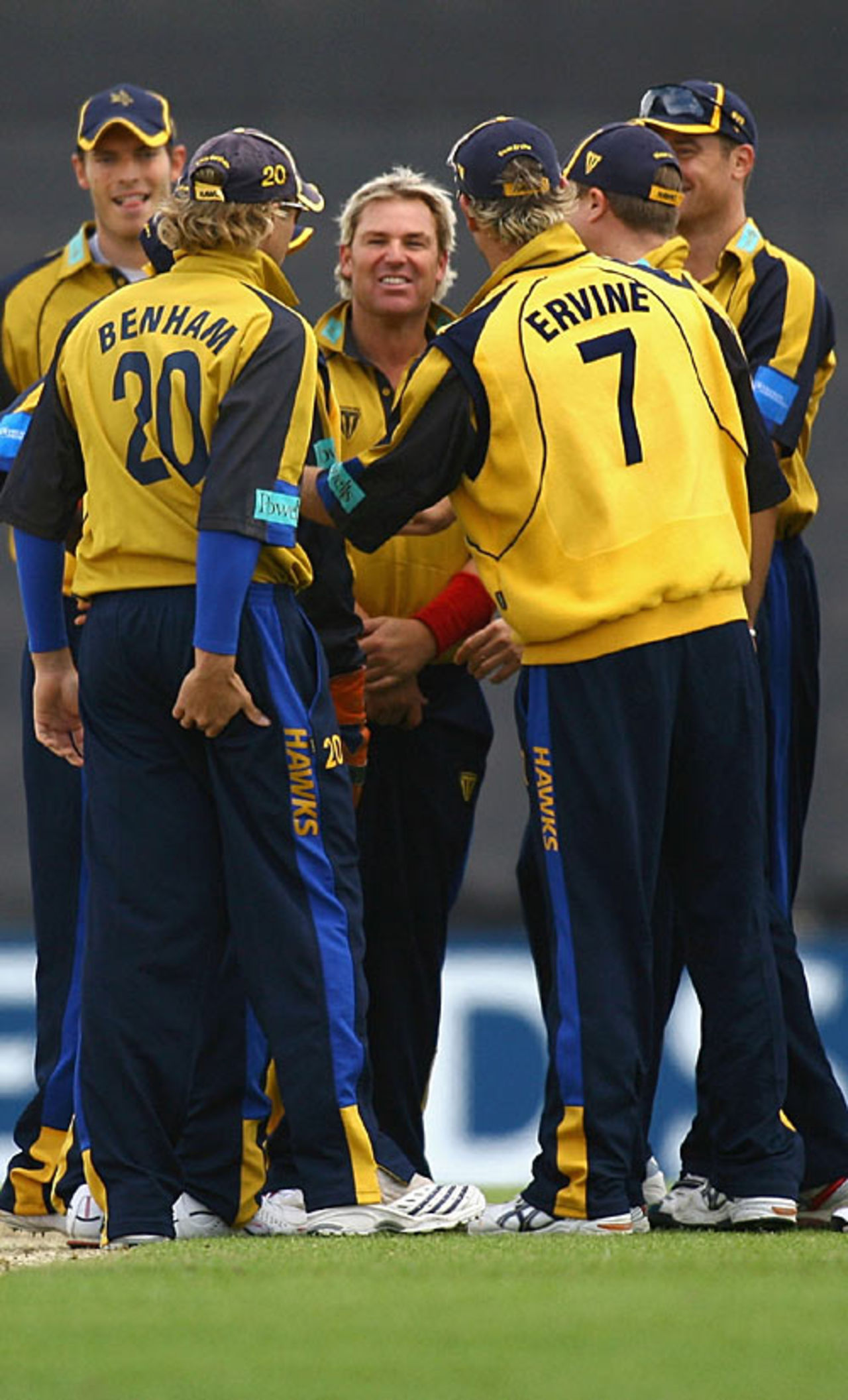 Shane Warne is congratulated by his Hampshire team-mates on another wicket, Hampshire v Sussex, Friends Provident Trophy, The Rose Bowl, May 20, 2007