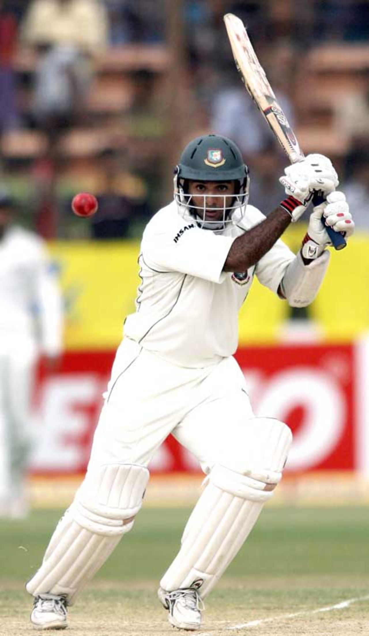 Javed Omar drives during his unbeaten knock of 52,  Bangladesh v India, 1st Test, Chittagong, 5th day 