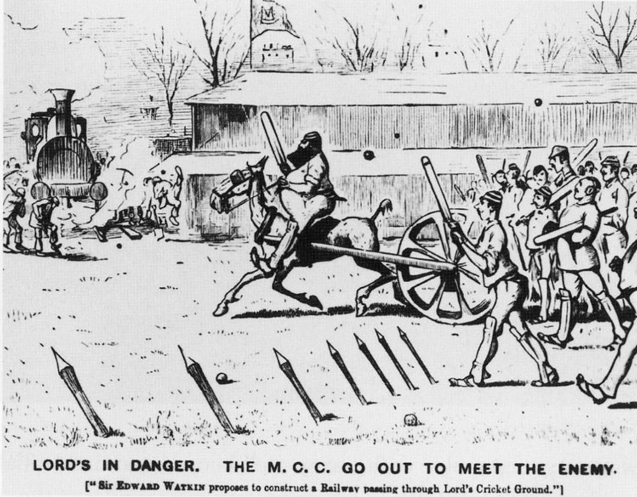 A <I>Punch</I> cartoon shows WG Grace leading the cricketers against the oncoming railway