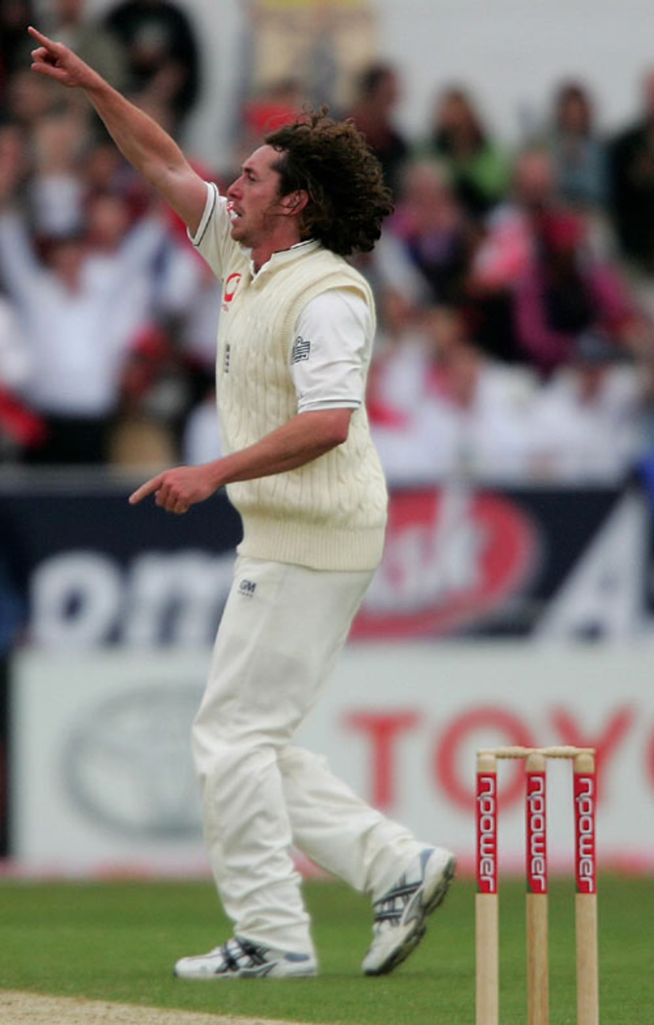 Ryan Sidebottom points to the crowd in delight after picking up another wicket, England v West Indies, 2nd Test, Headingley, May 26, 2007