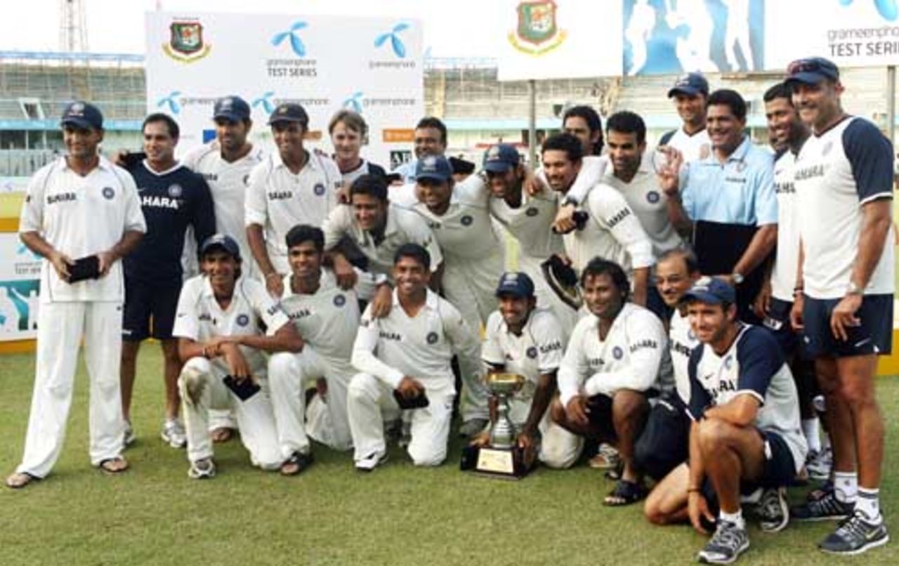 The Indian team pose as a group after sealing the series win against Bangladesh, Bangladesh v India, 2nd Test, 3rd day, Mirpur, May 27, 2007