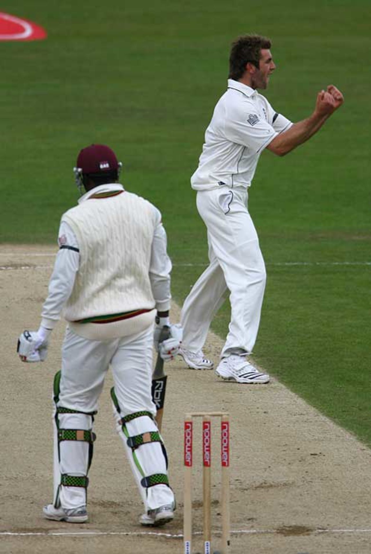 Liam Plunkett removes Chris Gayle as the rain briefly moves away, England v West Indies, 2nd Test, Headingley, May 28, 2007