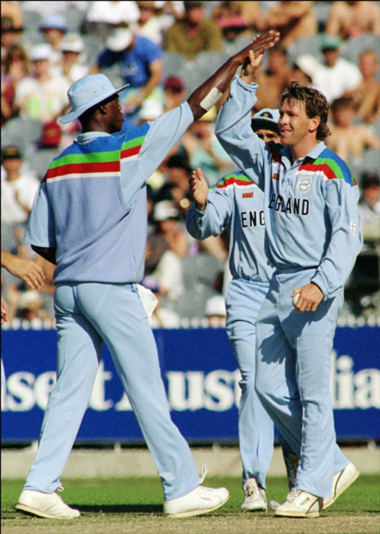 Dermot Reeve is congratulated after dismissing Roger Harper, England v West Indies, World Cup, MCG, February 27, 1992