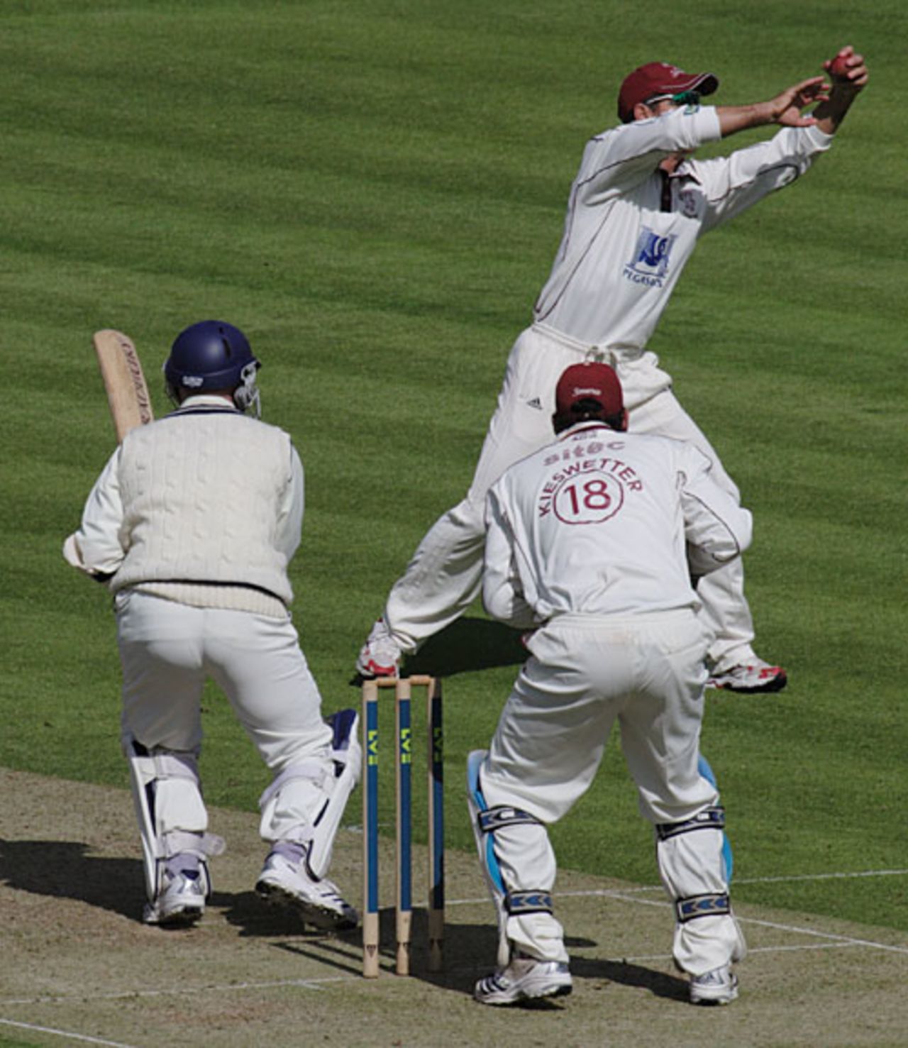 An athletic close stop from Justin Langer, Middlesex v Somerset, Lord's, May 31, 2007