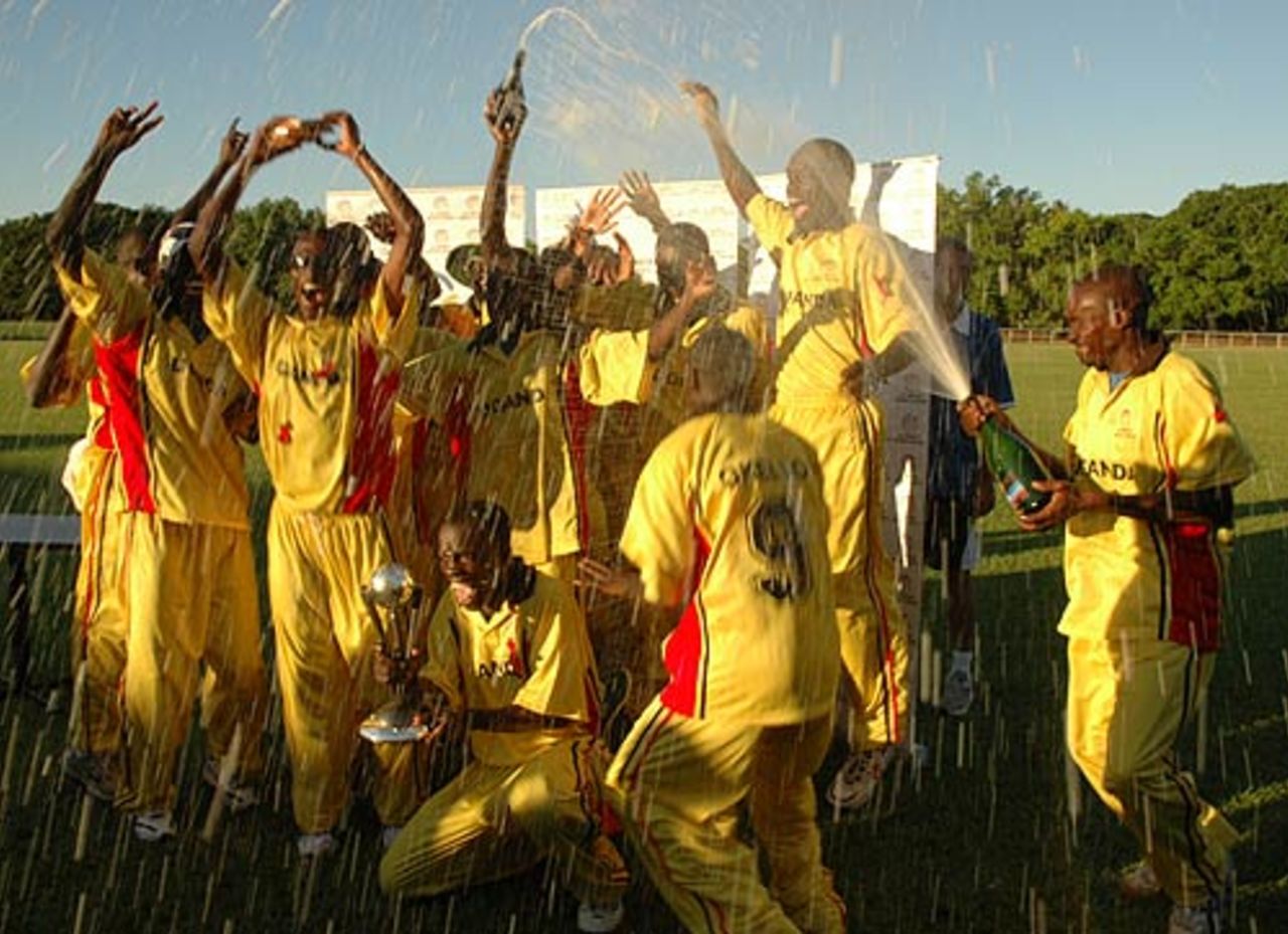 Uganda celebrate after their 91-run victory in the final, Argentina v Uganda, World Cricket League Division Three final, Gardens Oval, Darwin, June 2, 2007 