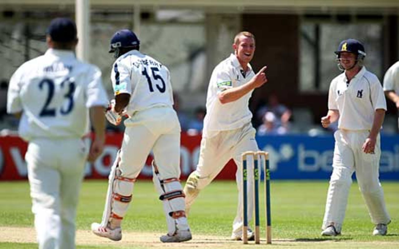 James Anyon celebrates as he has Michael Carberry caught behind, Warwickshire v Hampshire, County Championship, Edgbaston, June 2, 2007