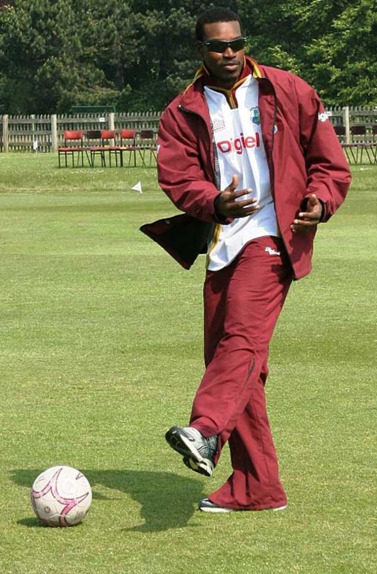 Chris Gayle warms up... with a football, MCC v West Indies, Racecourse Ground, Durham, June 3, 2007