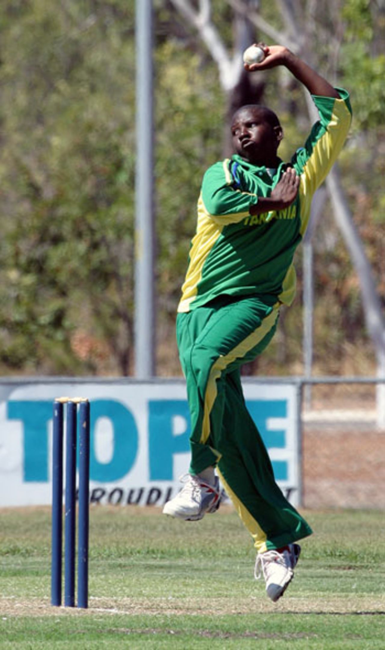 Tanzanian Athumani Kakonzi bowls against Hong Kong at Power Park, Palmerston. ICC WCL Div 3 (5th/6th Play-off) - 02.06.2007