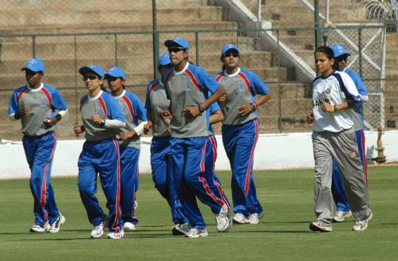 Members of the Asia XI limber up before practice at the Chinnaswamy Stadium, Afro Asia Cup, Bangalore, June 4, 2007