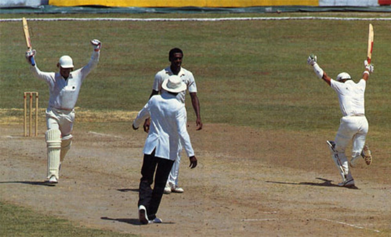 Wayne Larkins and Alec Stewart celebrate victory at Kingston, West Indies v England, 1st Test, Jamaica, March 1, 1990