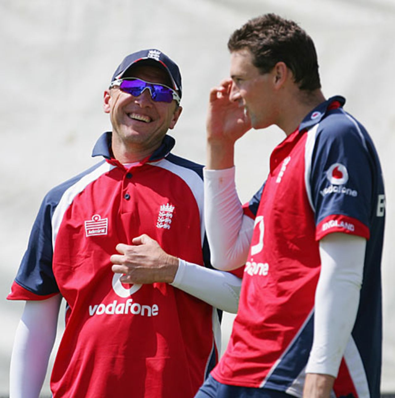 Allan Donald laughs with Steve Harmison during a training session, Old Trafford, June 5, 2007