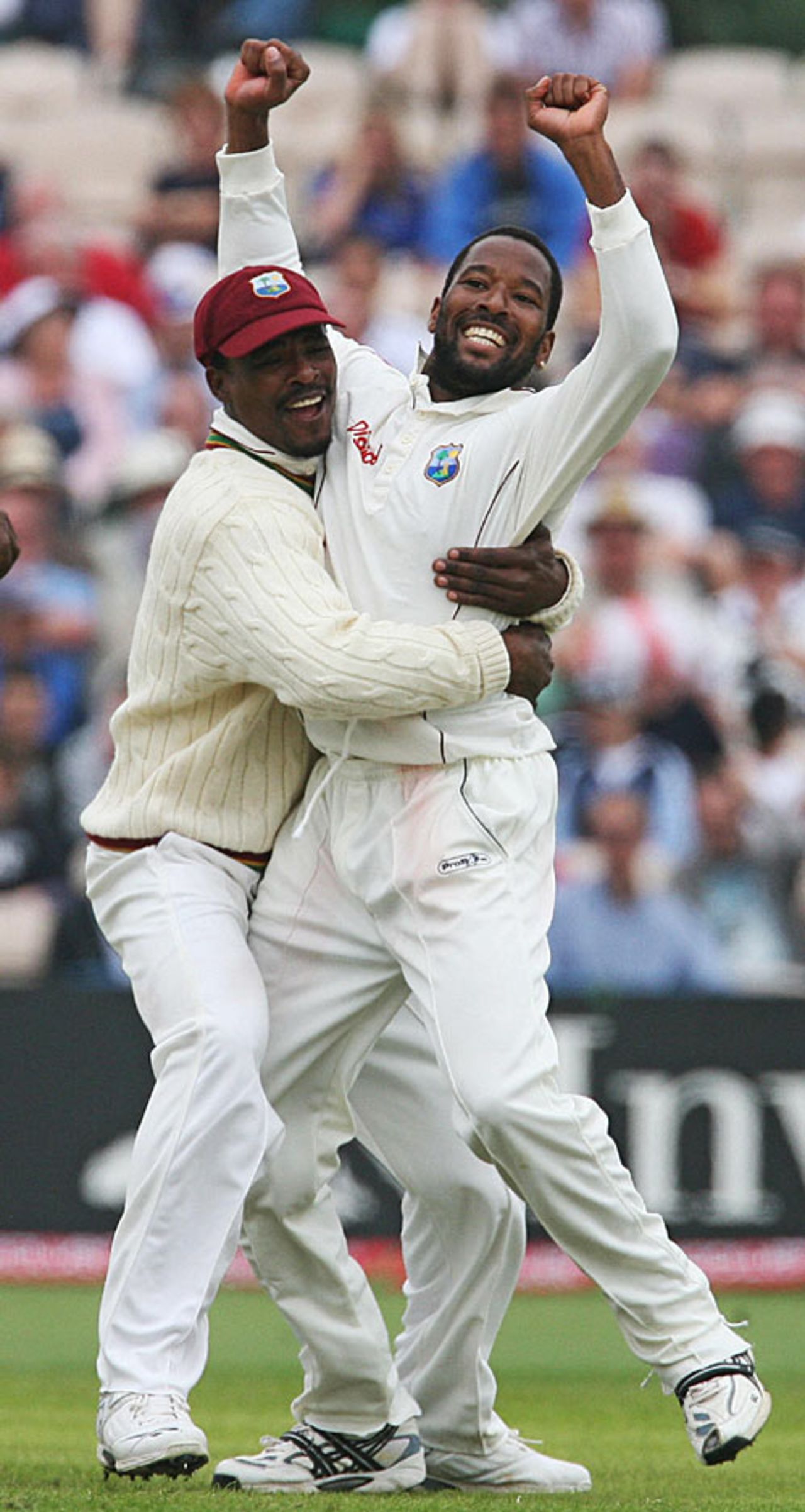 Corey Collymore receives congratulations from Runako Morton after dismissing Kevin Pietersen, England v West Indies, 3rd Test, Old Trafford, June 7, 2007