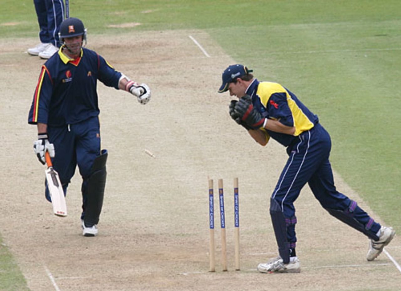 John Stephenson is run out by Colin Smith off the last ball of the innings, MCC v Europe, Lord's, June 7, 2007