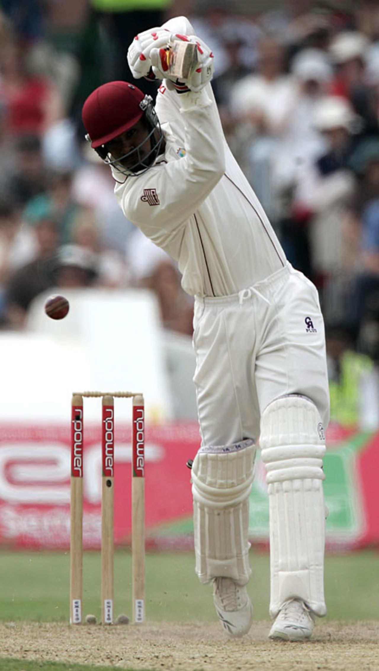 Runako Morton hammers one straight back down the ground, England v West Indies, 3rd Test, Old Trafford, June 8, 2007