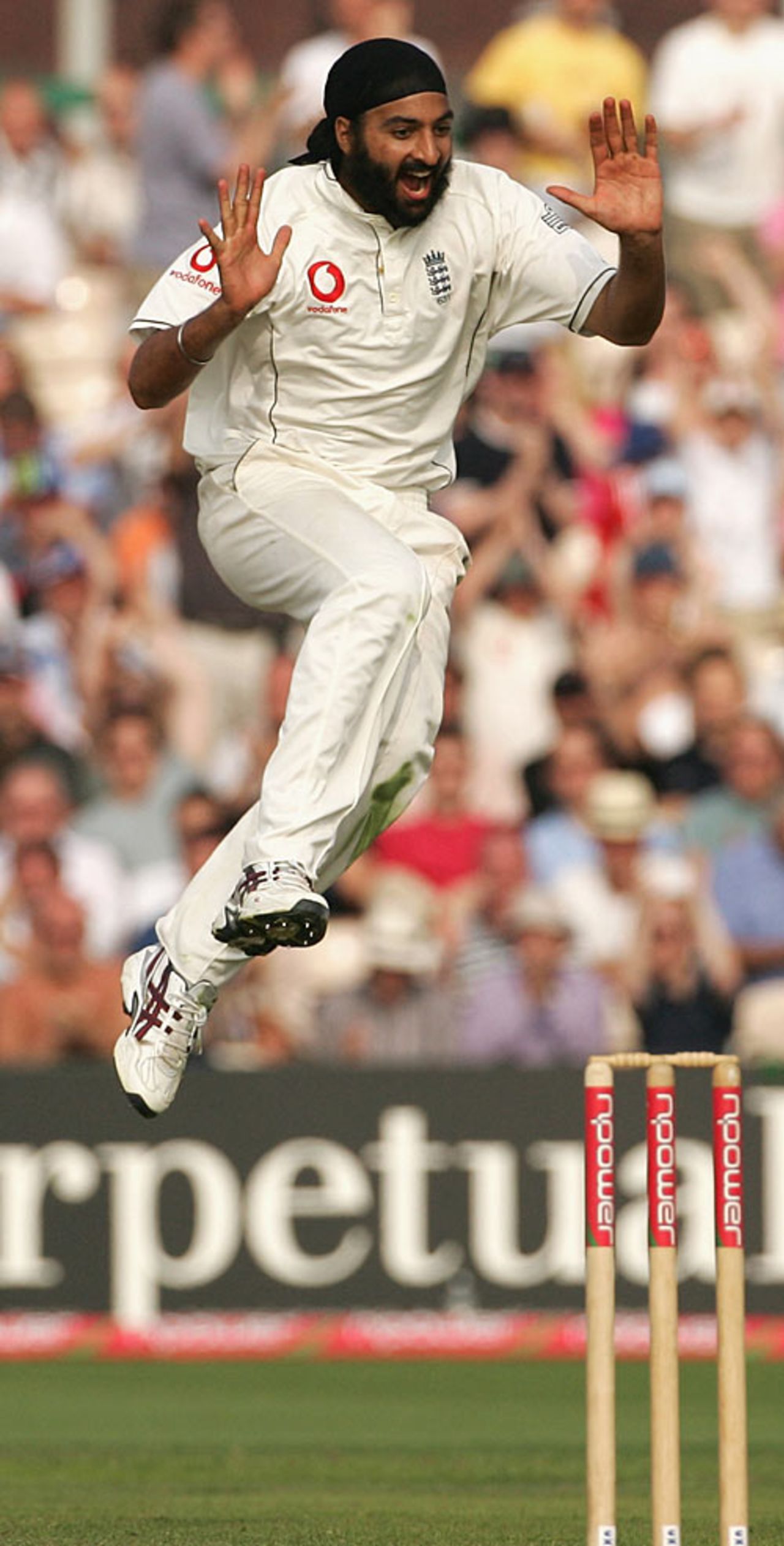 Monty Panesar jumps high to celebrate another wicket, England v West Indies, 3rd Test, Old Trafford, June 8, 2007