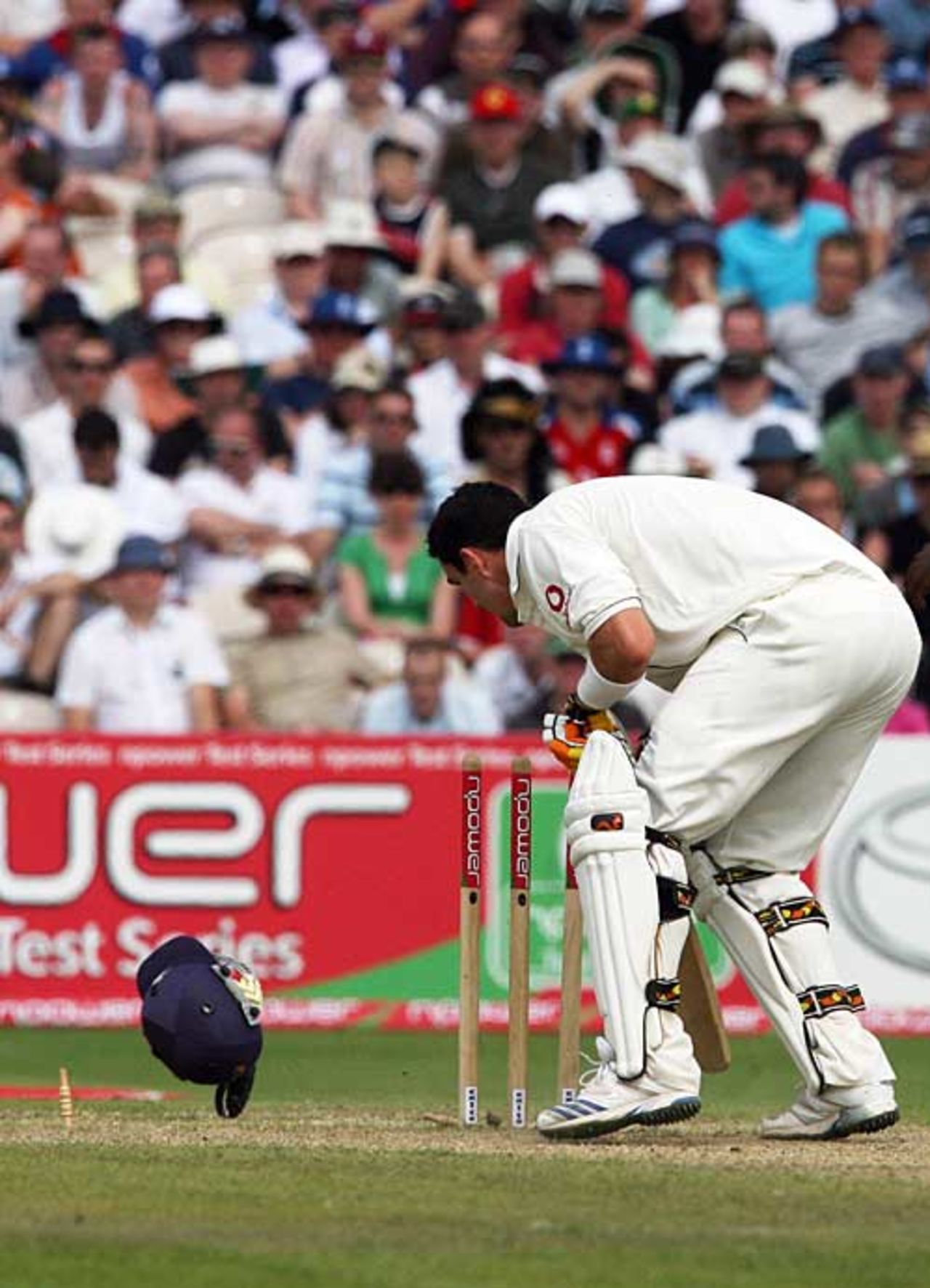 Kevin Pietersen is out hit wicket as his helmet falls onto the stumps, England v West Indies, 3rd Test, Old Trafford, June 9, 2007