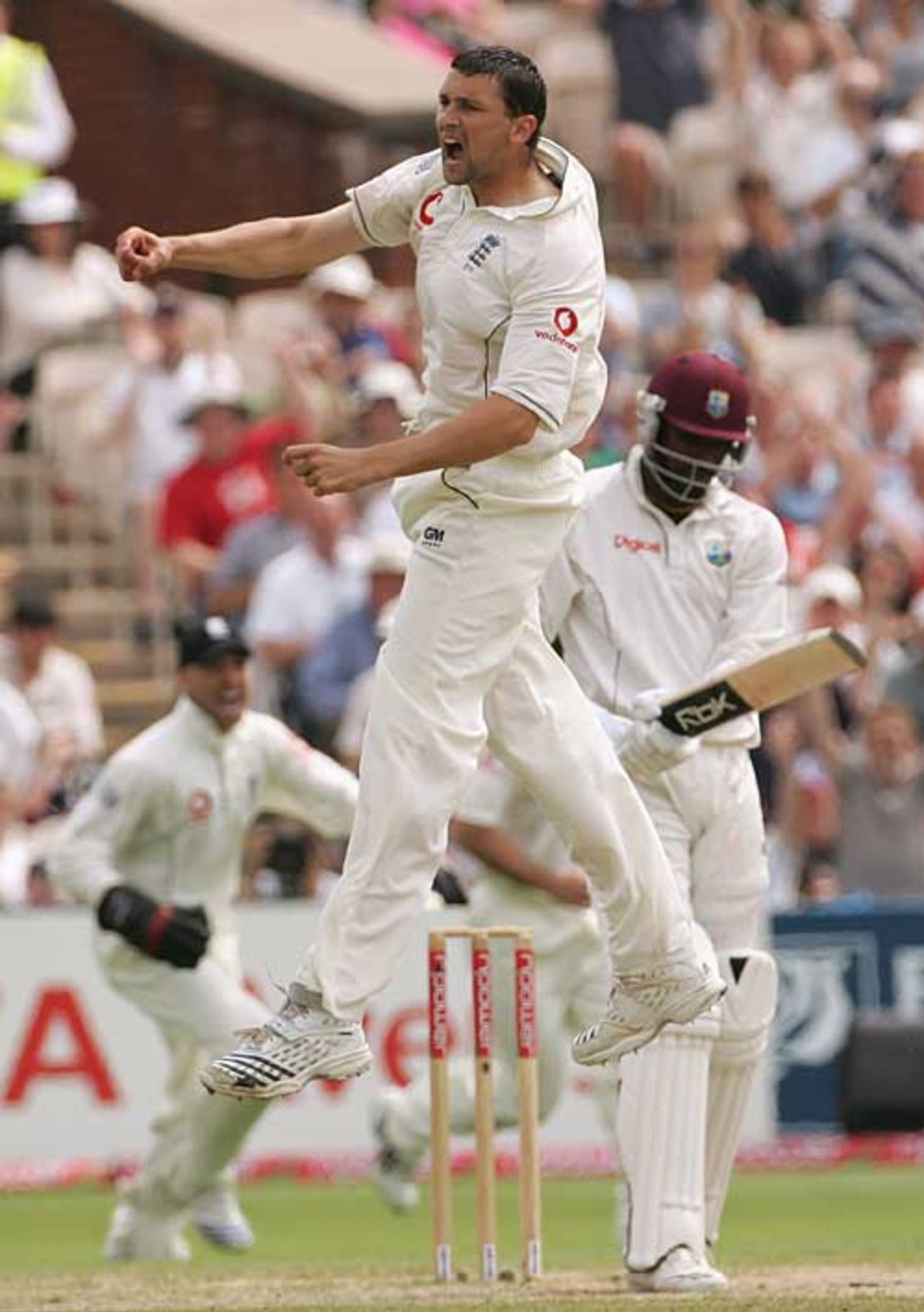 Steve Harmison jumps in celebration after removing Chris Gayle, England v West Indies, 3rd Test, Old Trafford, June 10, 2007
