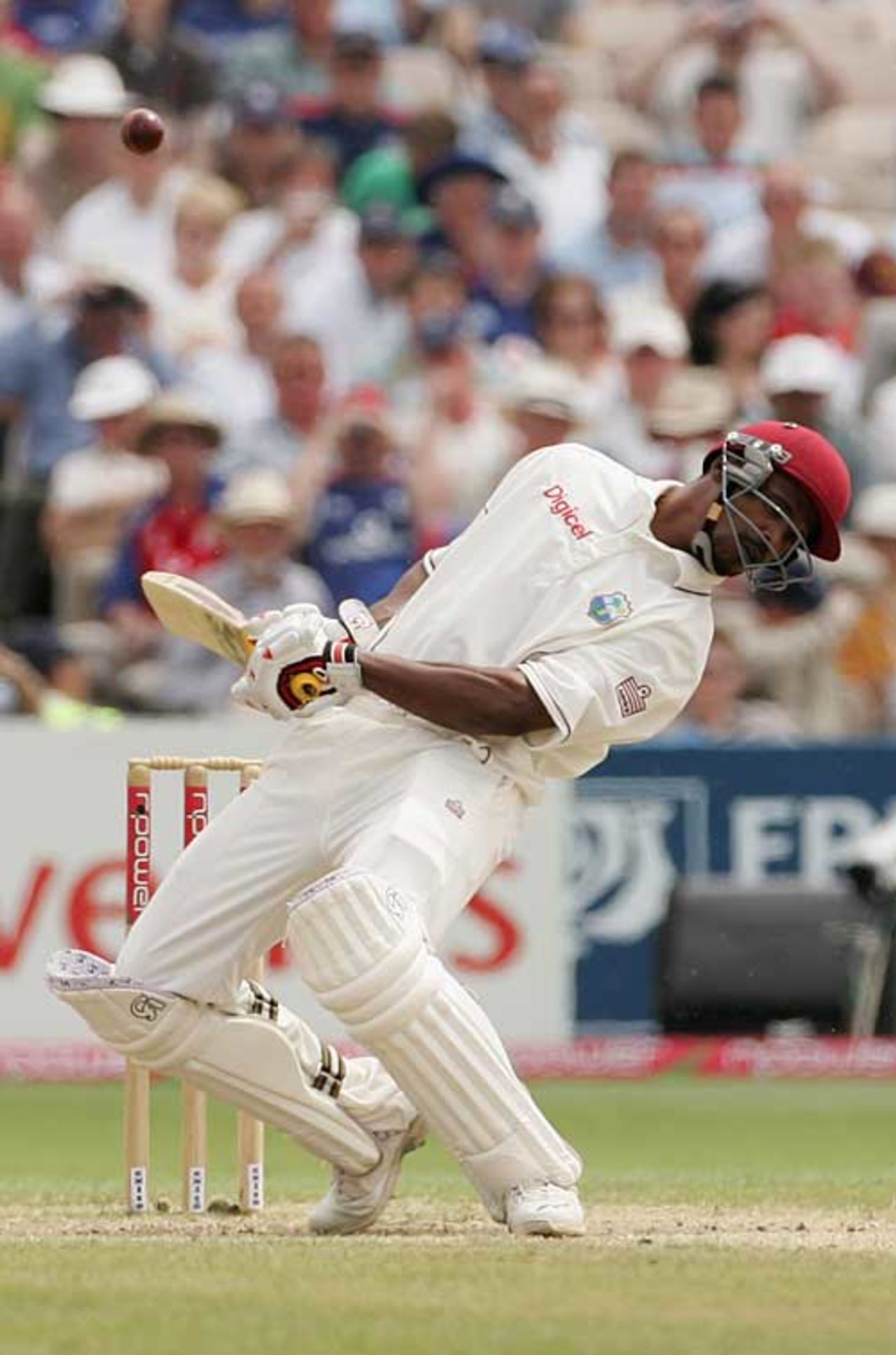 Runako Morton does the limbo against a short ball, England v West Indies, 3rd Test, Old Trafford, June 10, 2007