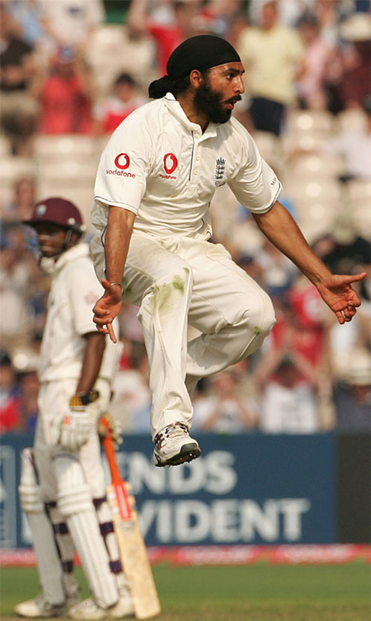 Monty Panesar in his traditional post-wicket celebratory jig after dismissing Dwayne Bravo, England v West Indies, 3rd Test, Old Trafford, June 10, 2007