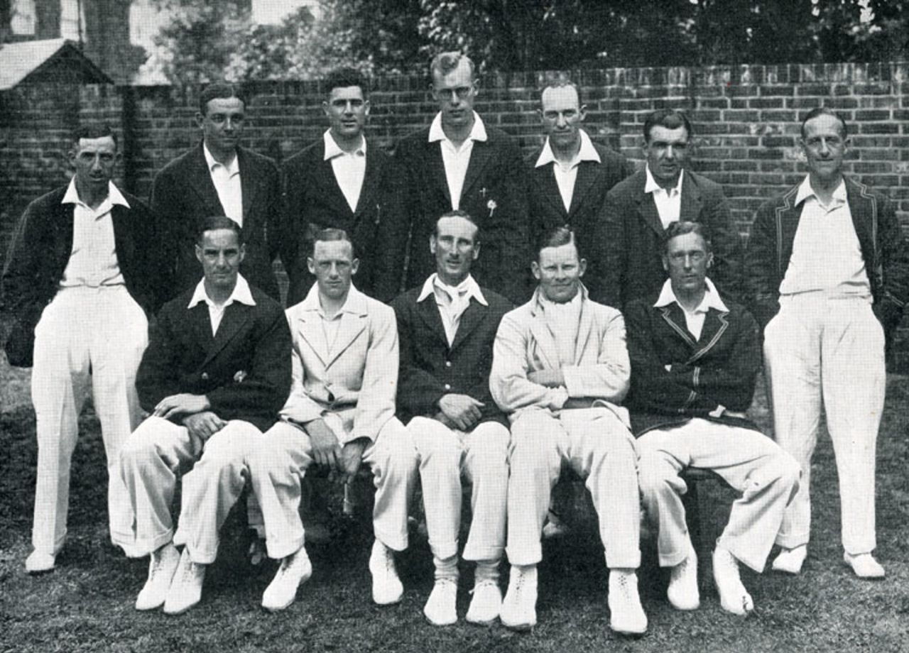 The England XII for the Lord's Test of 1932 against India. Back: Eddie Paynter, Wally Hammond, Bill Voce, Bill Bowes, George Paine (12th man),  Les Ames, Percy Holmes: Front: Herbert Sutcliffe, Walter Robins,  Douglas Jardine (captain), Freddie Brown,  Frank Woolley, June 25, 1932