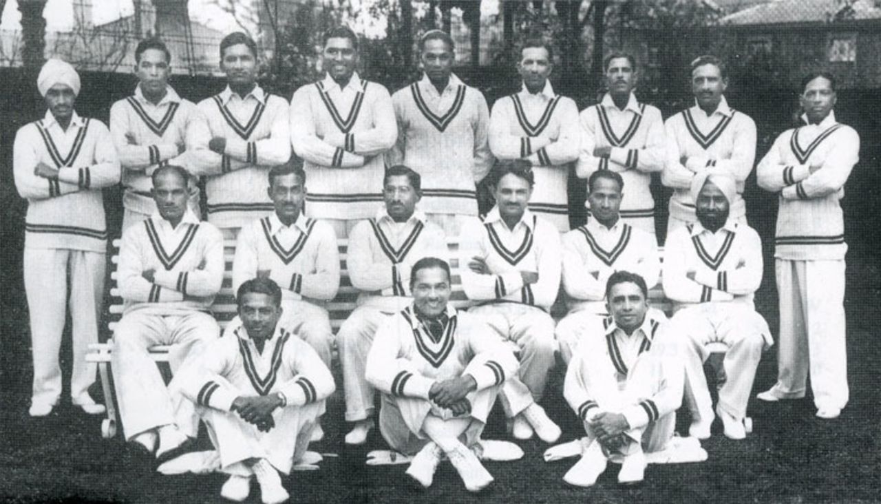 The 1932 All-India side which toured England. Back: Lall Singh, Phiroze Palia, Jahangir Khan, Mohammad Nissar, Amar Singh, Bahadur Kapadia, Shankarrao Godambe, Ghulam Mohammad, Janardan Navle. Seated: Syed Wazir Ali, C.K.Nayudu, Maharaja of Porbandar (captain), KS Limbdi (vice-captain), Nazir Ali,  XX. Front: Naoomal Jaoomal, Sorabji Colah, Nariman Marshall.
