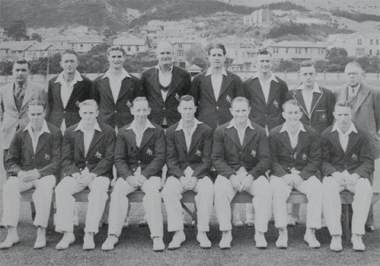 The Australians in New Zealand, 1946. Standing: W. Watts (scorer), D. Tallon, K.R. Miller, W.J. O'Reilly, E.R.H. Toshack, B. Dooland, R.A. Hamence, E.C. Yeomans (manager). Seated: I.W. Johnson, C.V. McCool, A.L. Hassett, W.A. Brown (captain), S.G. Barnes, K.D. Meuleman, R.R. Lindwall. Note the logos on the blazers