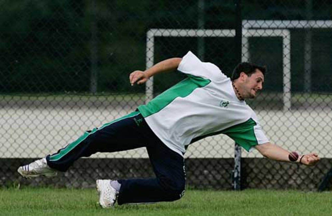 Thinus Fourie drops a catch during Ireland's training session, Belfast, June 21, 2007