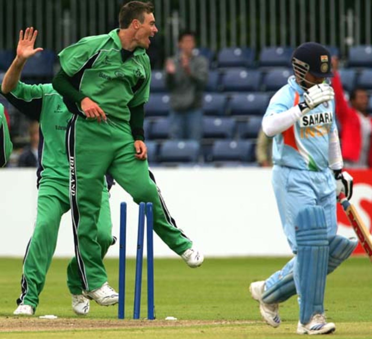 Ireland's Roger Whelan celebrates the wicket of Sachin Tendulkar, Ireland v India, one-off ODI, Belfast, June 23, 2007