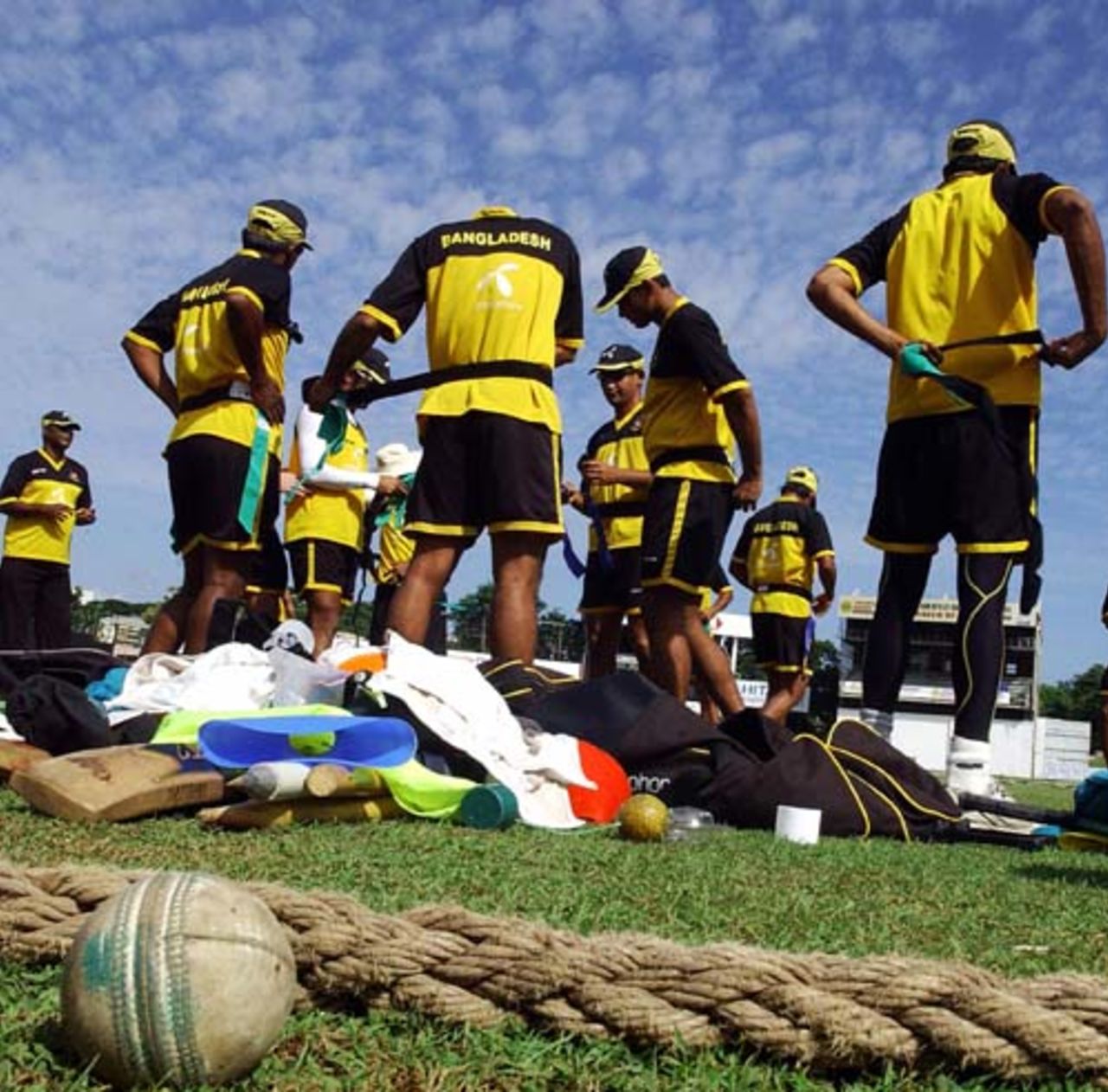 Bangladeshi cricketers prepare for a practice session at the Sinhalese Sports Club, Colombo, June 24, 2007