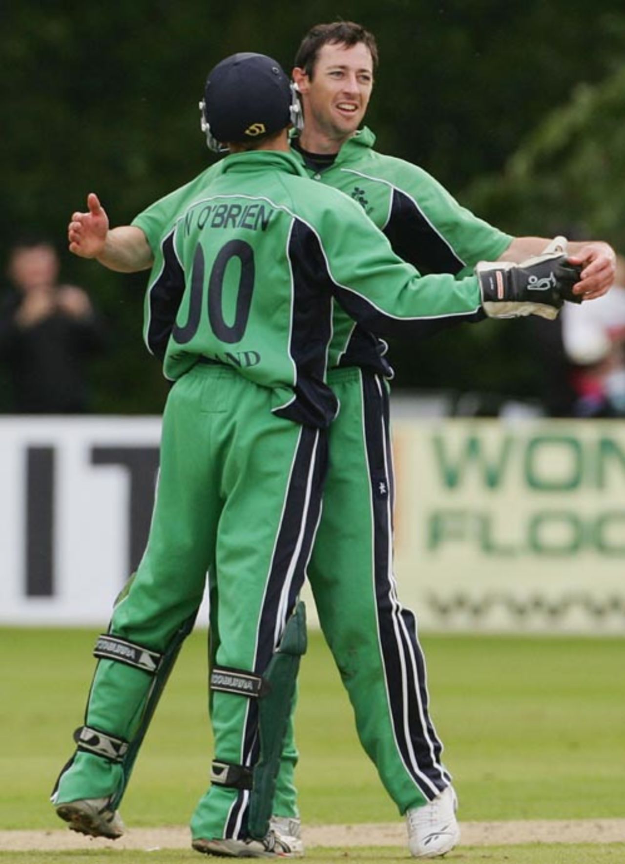 Alex Cusack and Niall O'Brien are delighted to see the back of Herschelle Gibbs, Ireland v South Africa, Belfast, One-off ODI, June 24, 2007