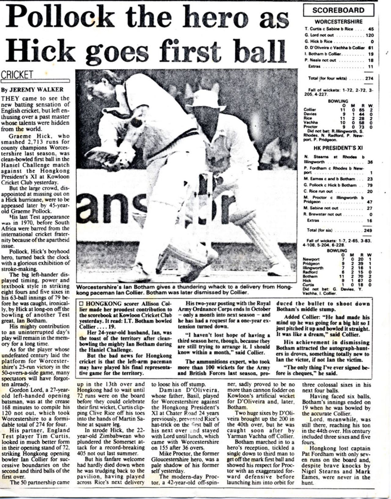 Newspaper coverage - Worcestershire CCC v. HKCA President's XI, Kowloon Cricket Club 11.04.1989