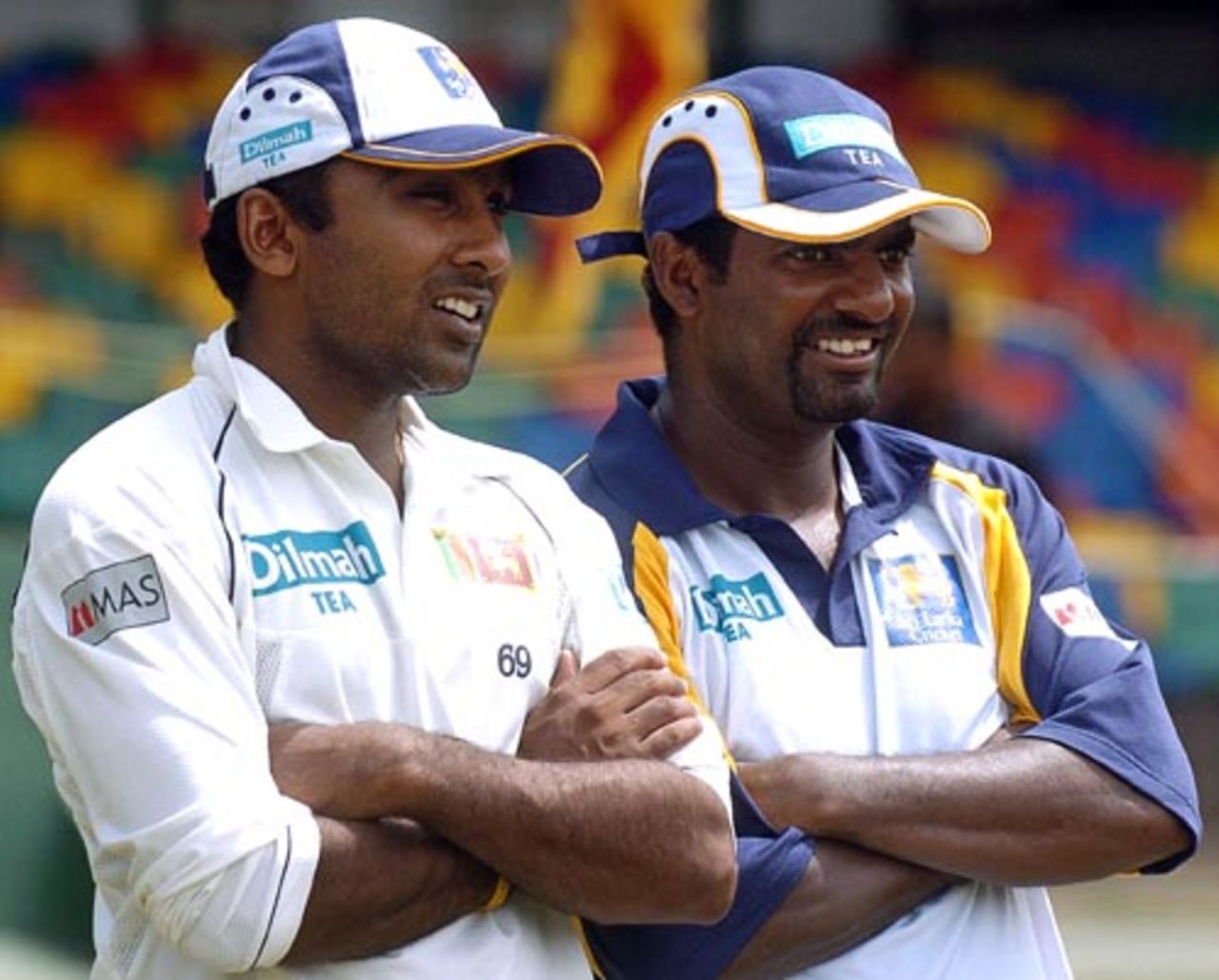 Mahela Jayawardene and Muttiah Muralitharan look on during the prize distribution ceremony, Sri Lanka v Bangladesh, 1st Test, Colombo, 4th day, June 28, 2007