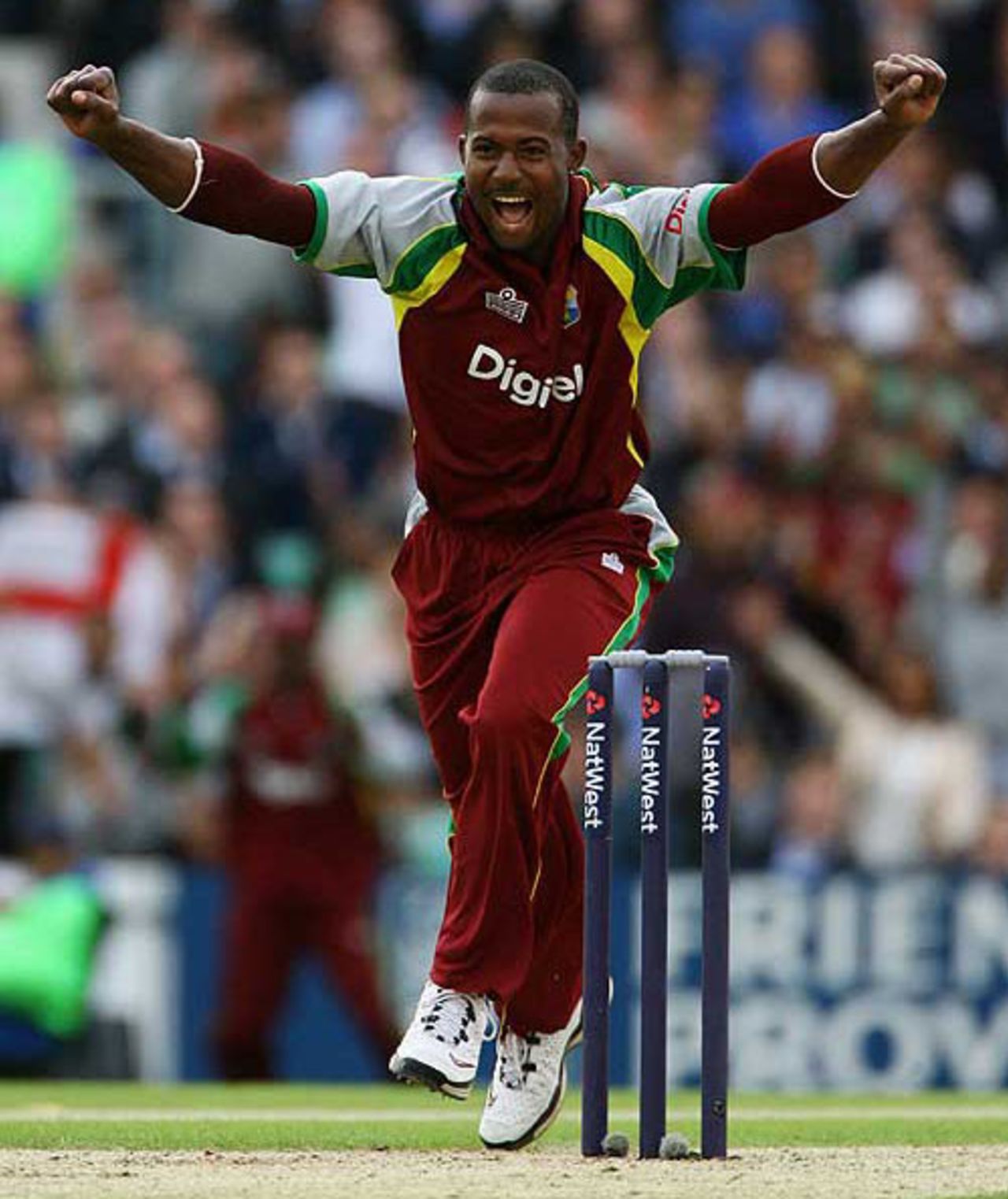 Dwayne Smith celebrates the wicket of Alastair Cook, England v West Indies, Twenty20, The Oval, June 28, 2007