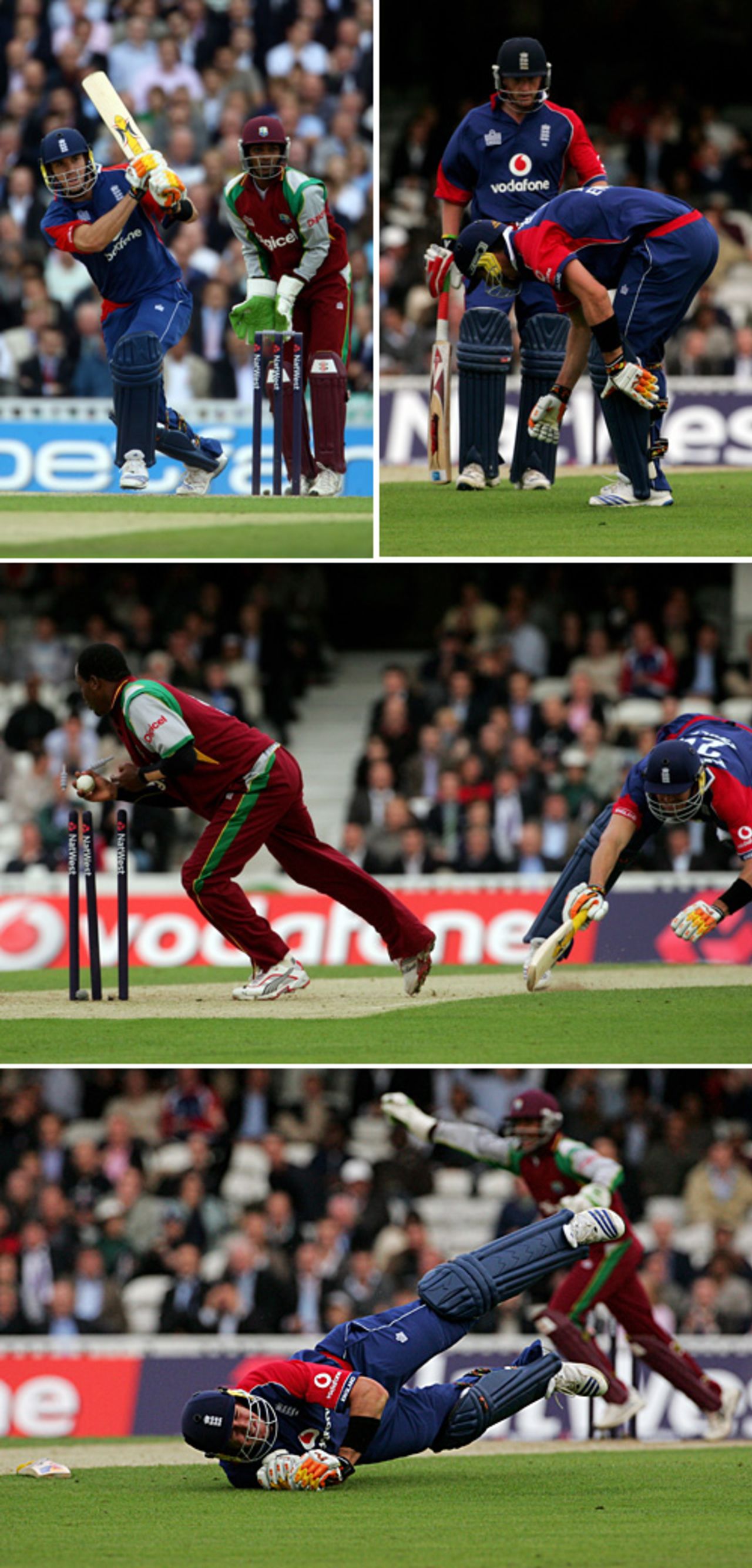 A collage of Kevin Pietersen landing heavily, hurting his knee and being run out for 16, England v West Indies, Twenty20, The Oval, June 28, 2007