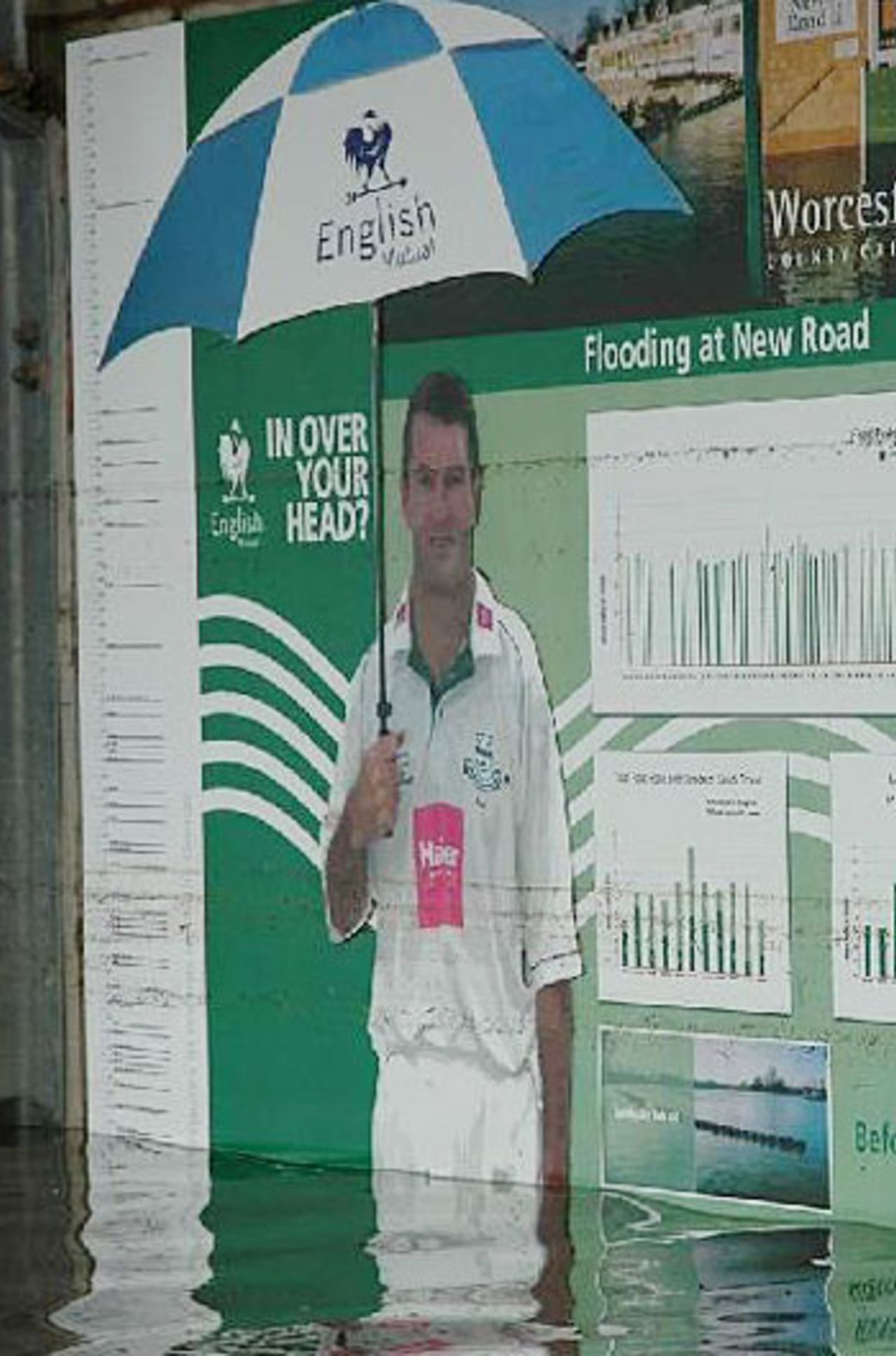 A poster of Graeme Hick shows the level of flooding at New Road. At its peak the water was up to his eyes, Worcester, June 29, 2007