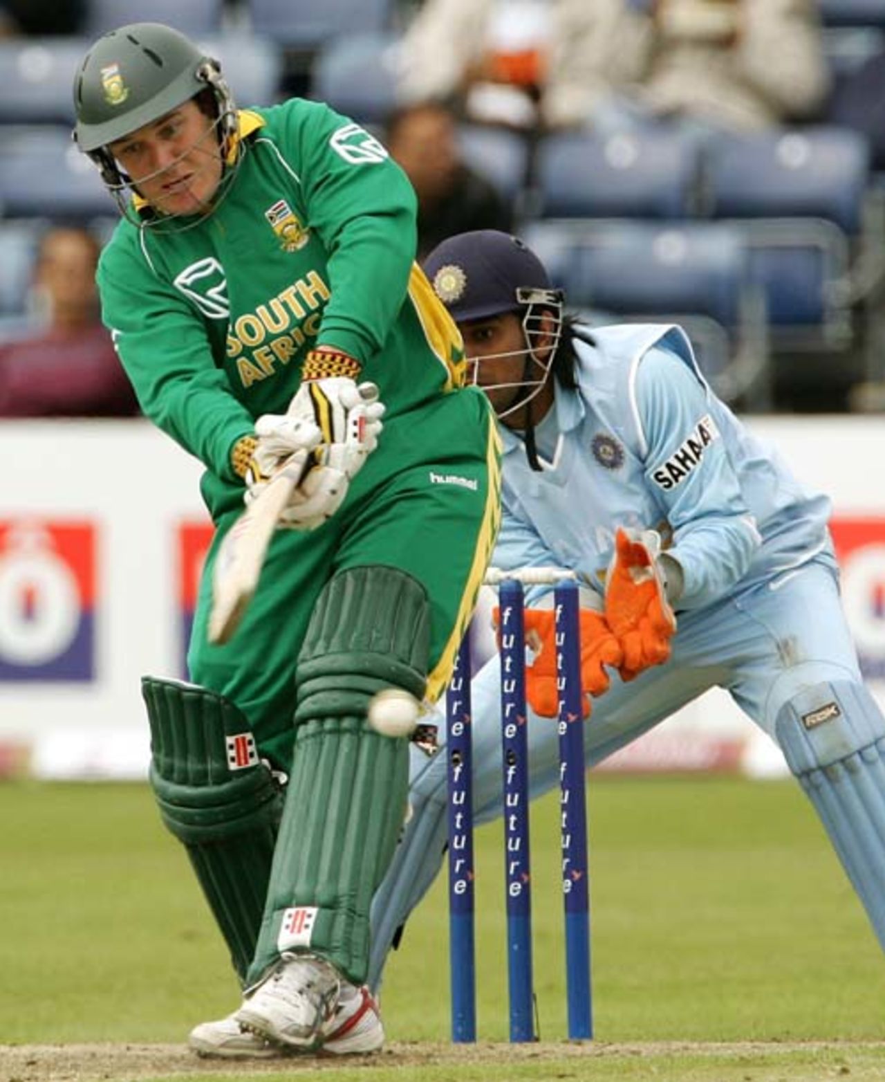 Morne van Wyk works the ball to midwicket  during his 82-run knock as  MS Dhoni watches, India v South Africa, 2nd ODI, Belfast, June 29, 2007