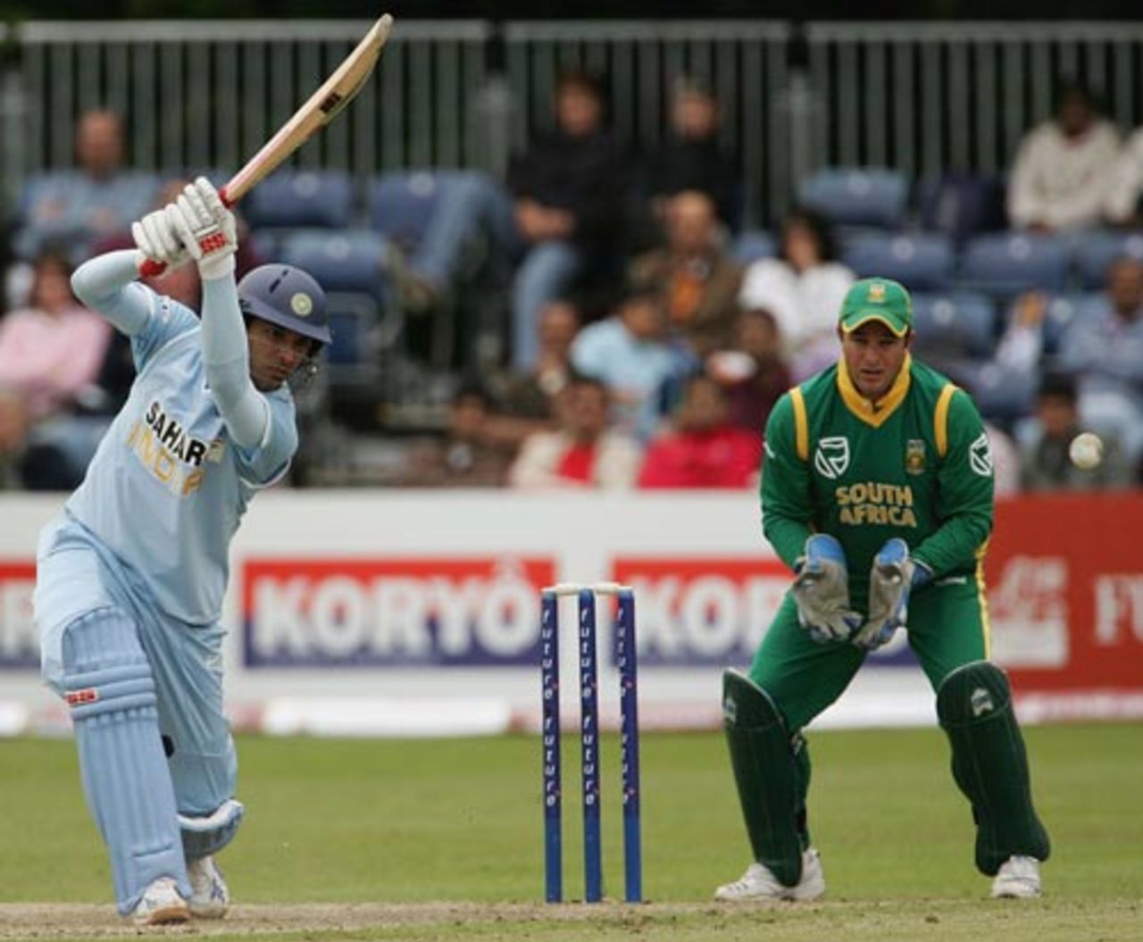 Yuvraj Singh drives during his 49 not out as Mark Boucher looks on, India v Souuth Africa, 2nd ODI, Belfast, June 29, 2007